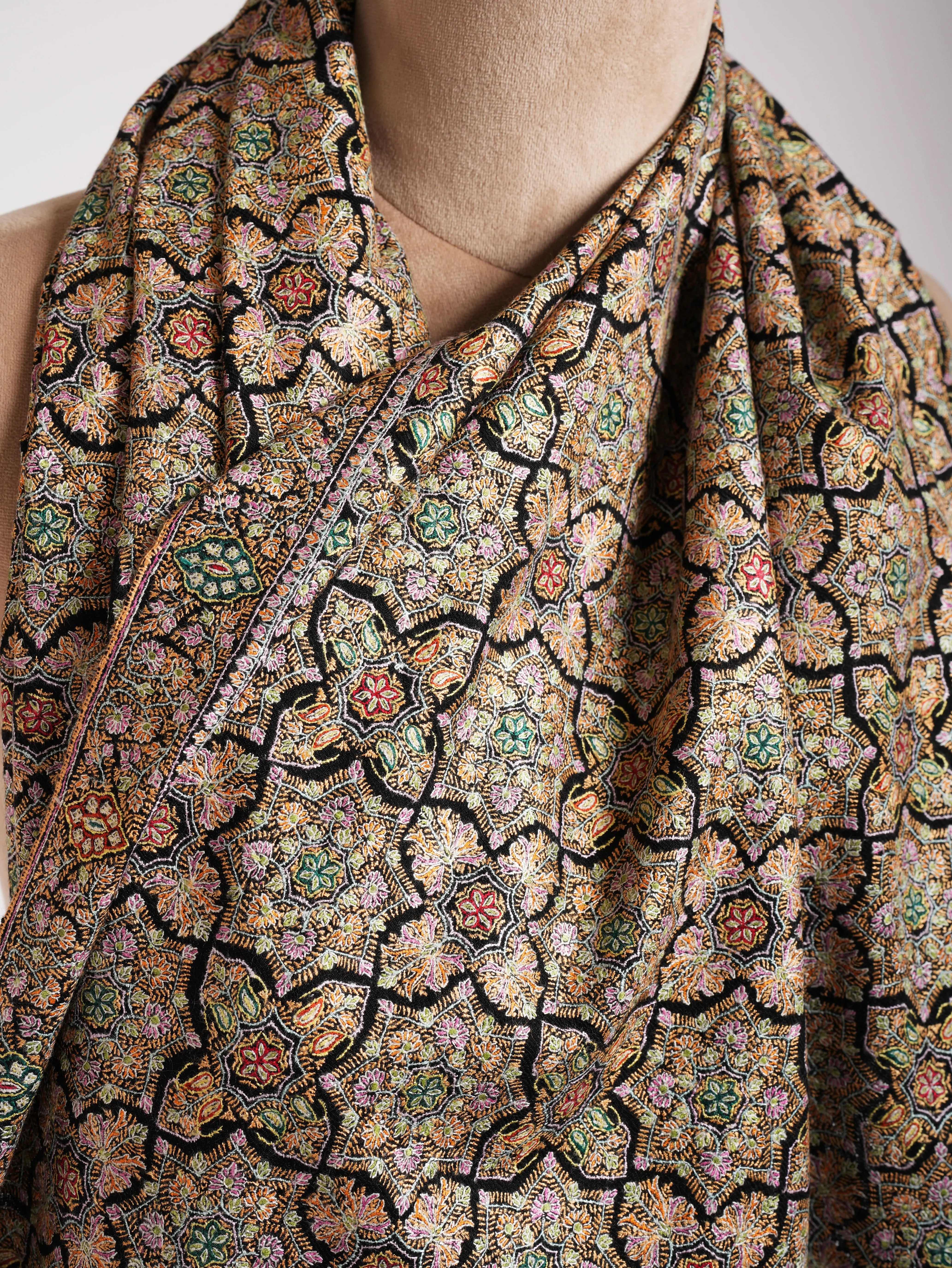 Black Hand Embroidered Geometric Pashmina Jamavar Shawl Shahkaar