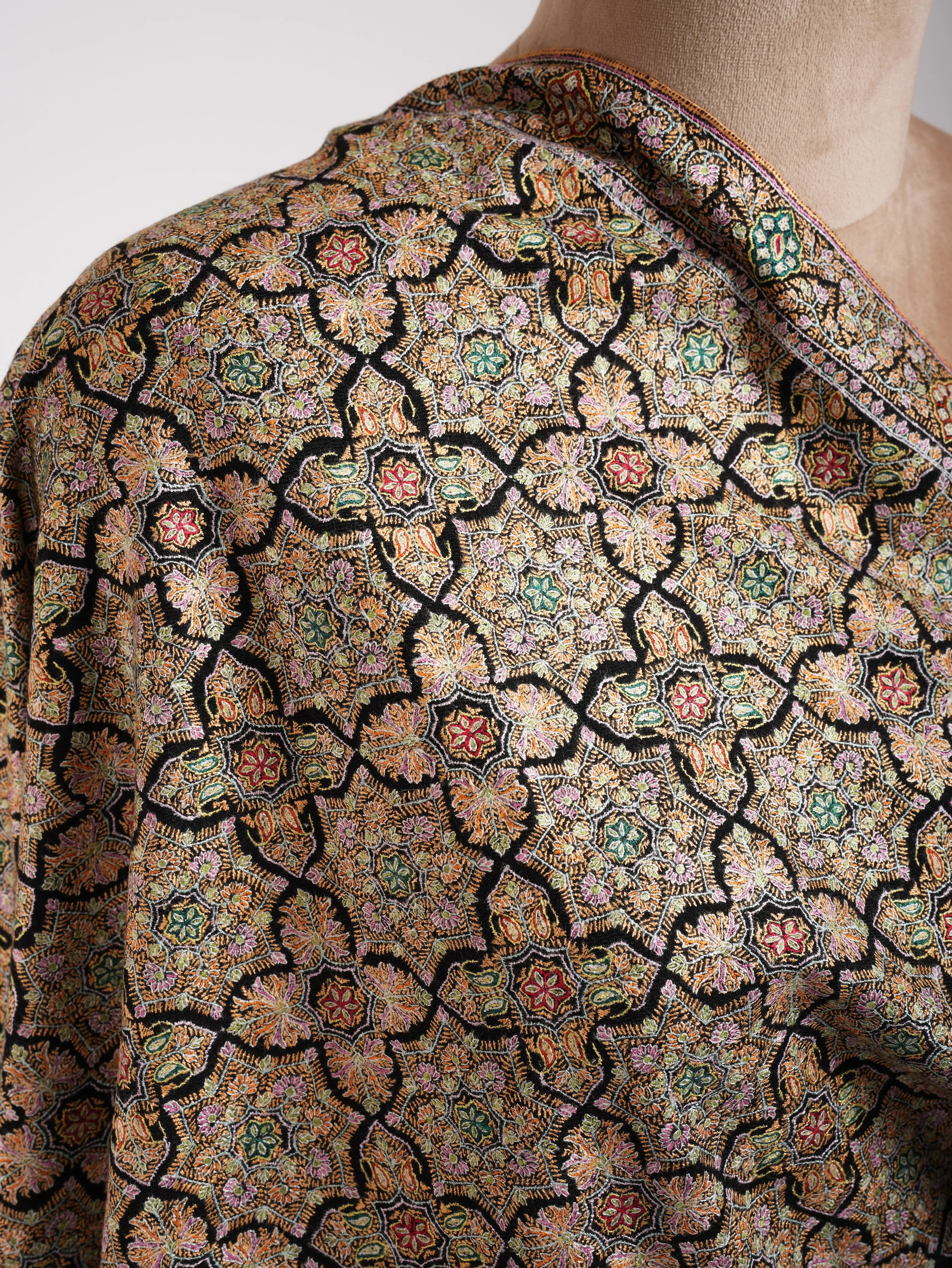 Black Hand Embroidered Geometric Pashmina Jamavar Shawl Shahkaar