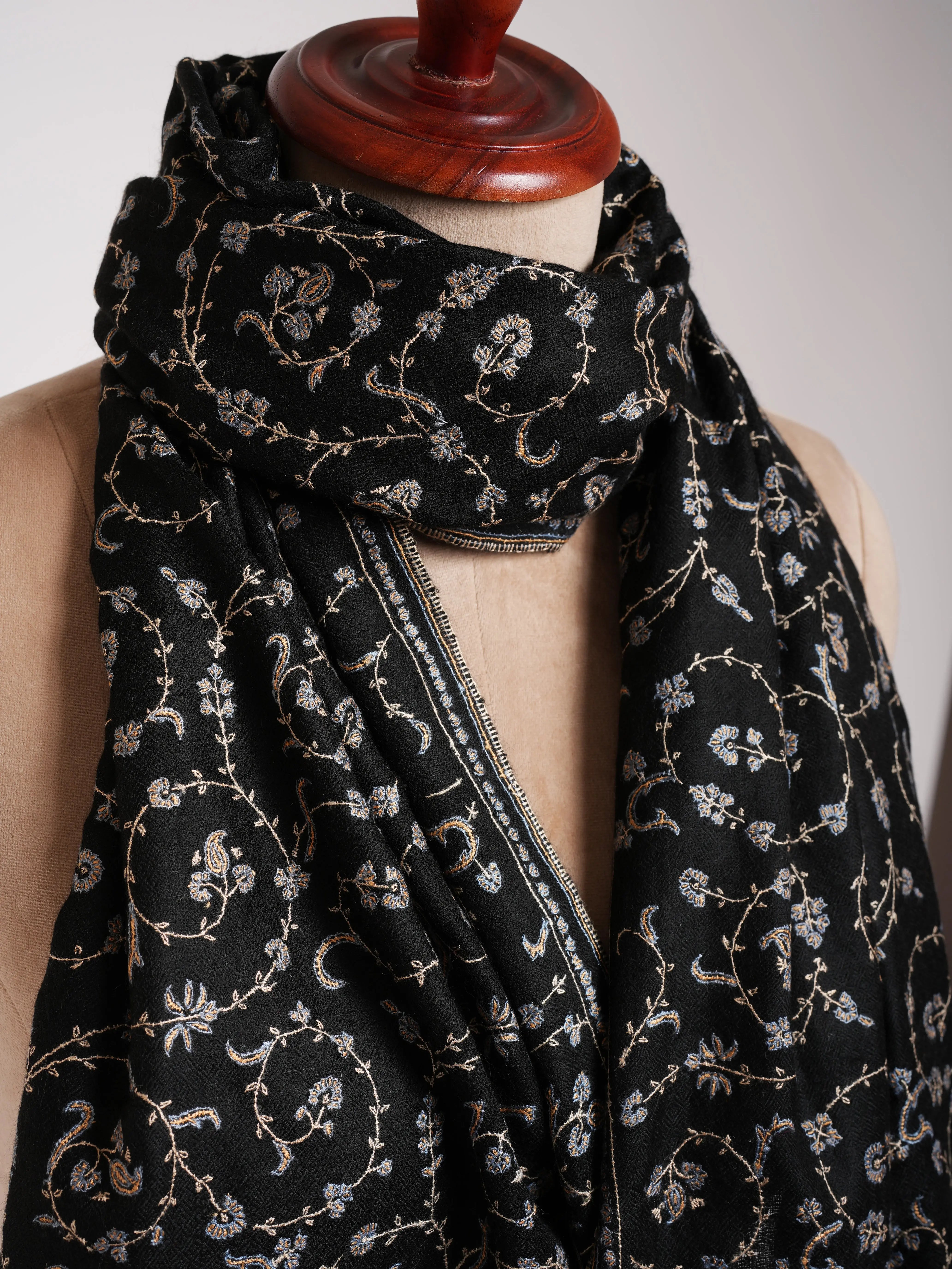 Black Indian Cashmere Lightweight Scarf with Hand Embroidery Shahkaar