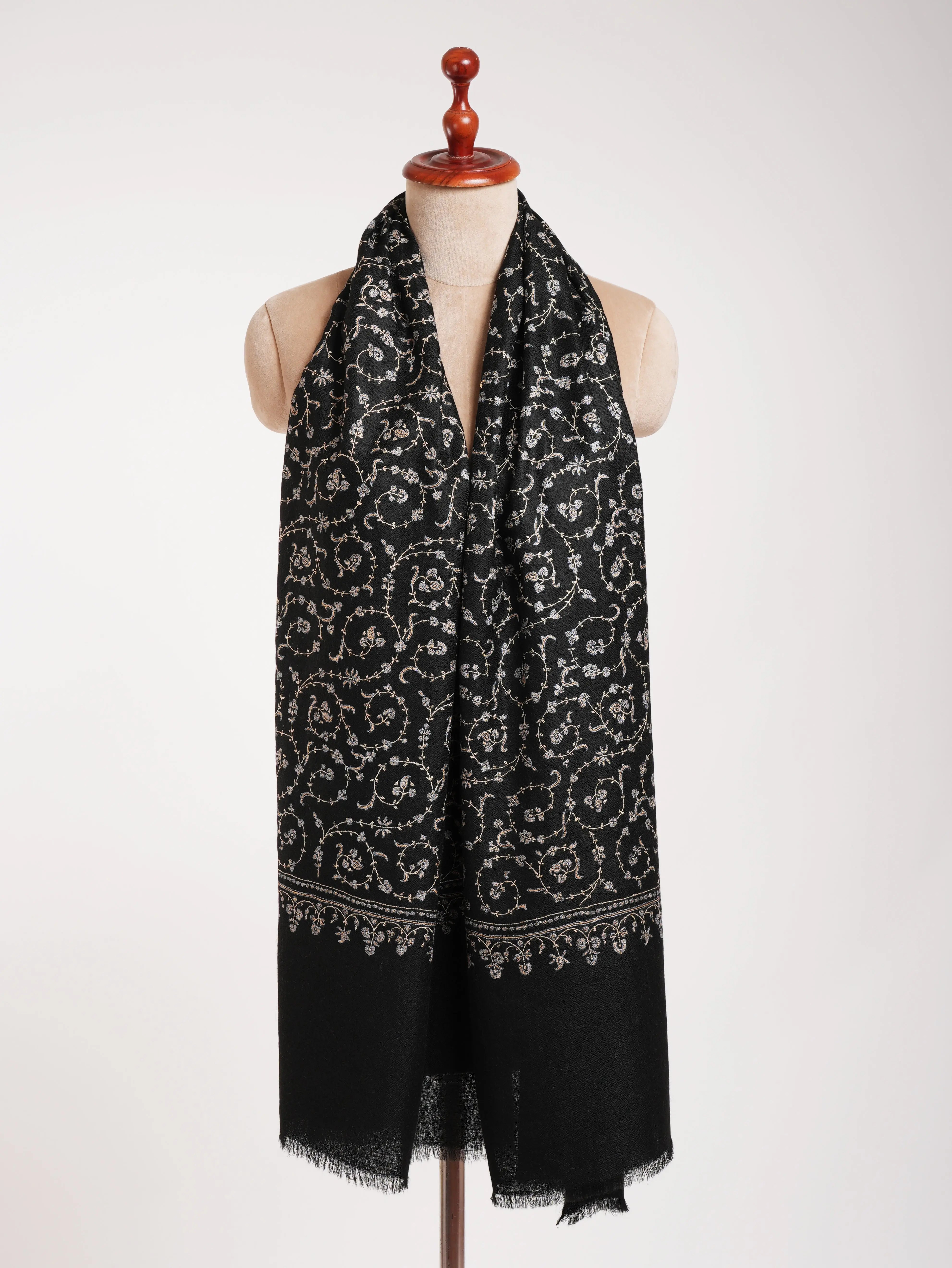 Black Indian Cashmere Lightweight Scarf with Hand Embroidery Shahkaar
