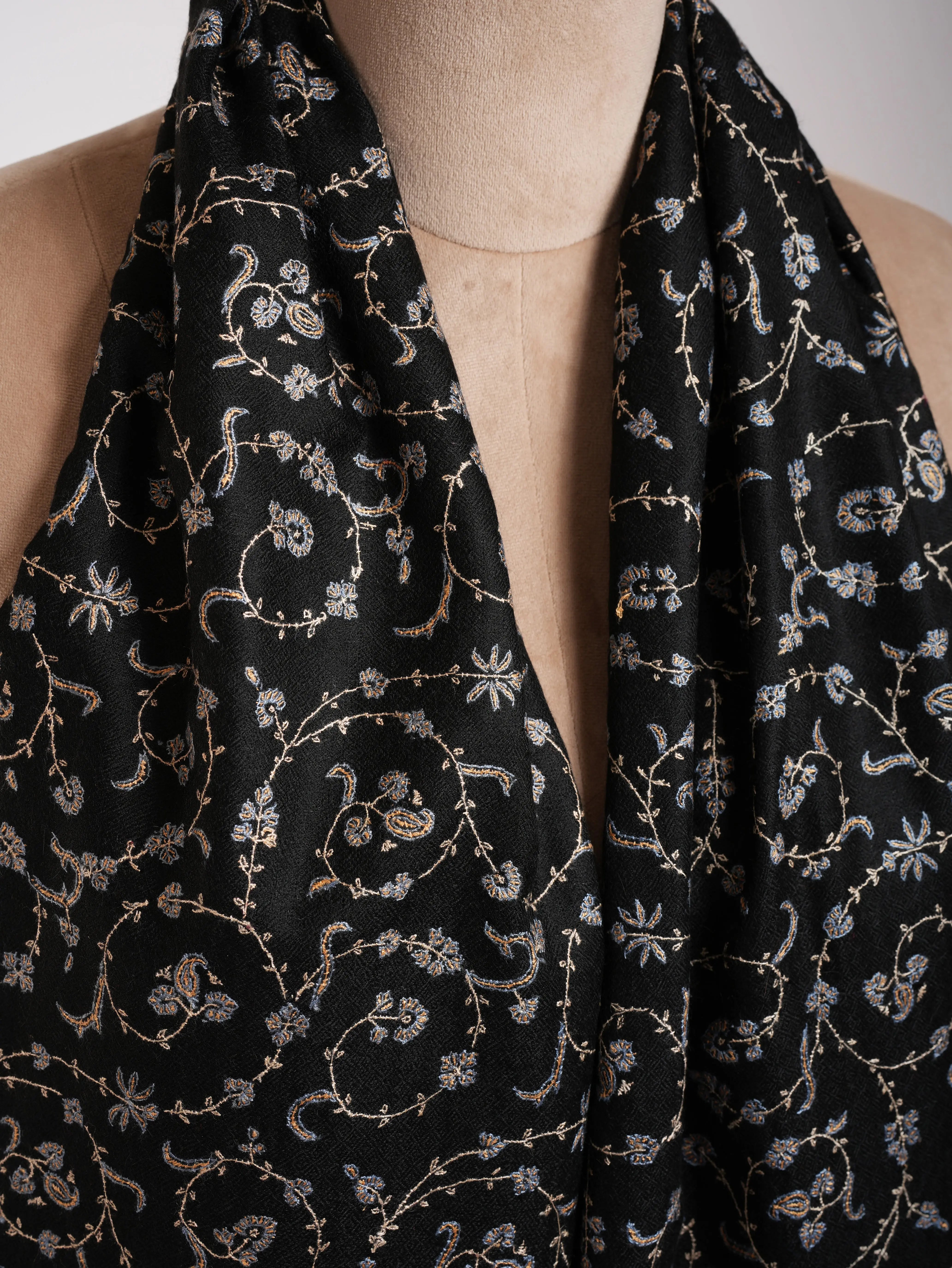 Black Indian Cashmere Lightweight Scarf with Hand Embroidery Shahkaar