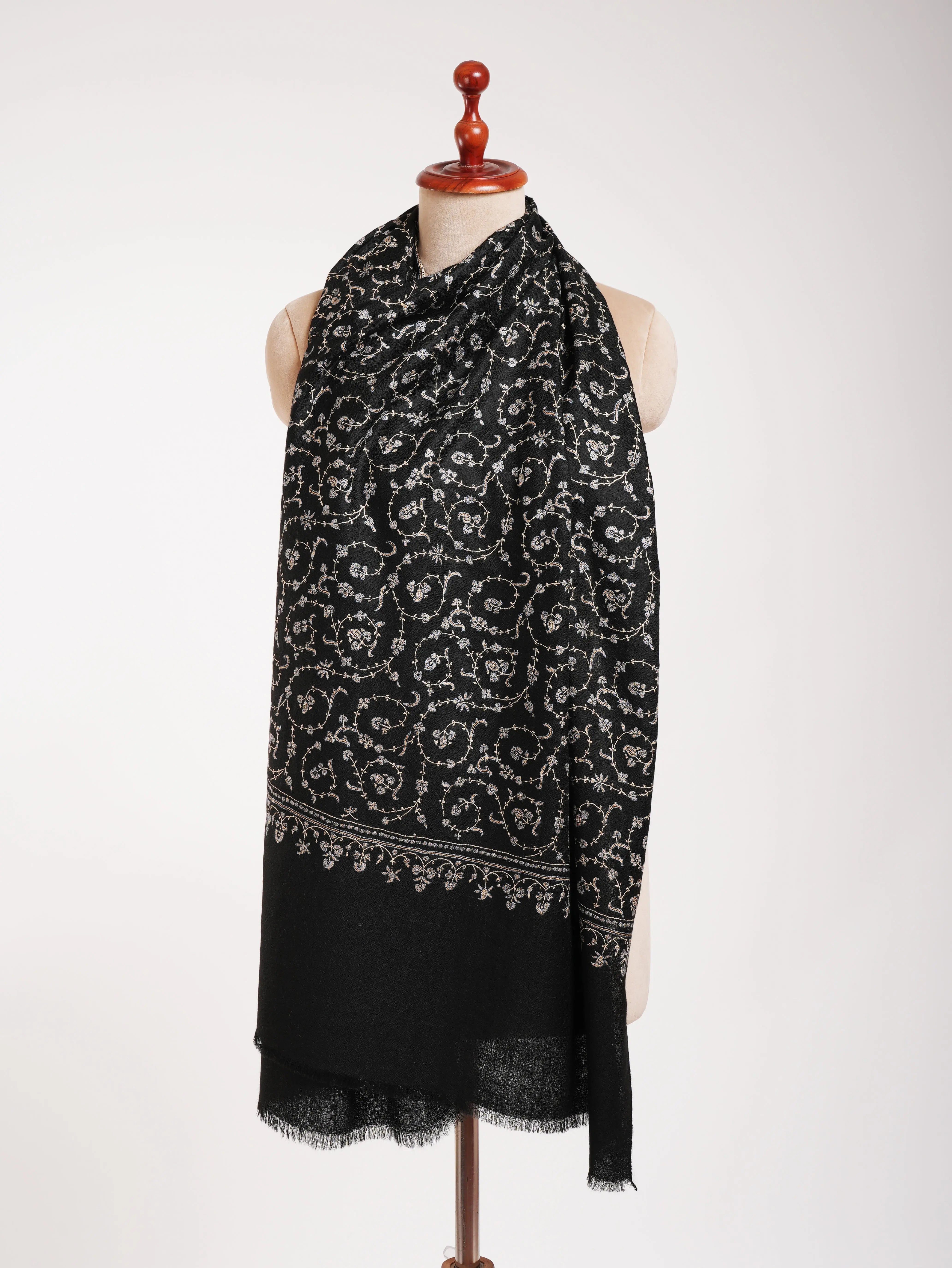 Black Indian Cashmere Lightweight Scarf with Hand Embroidery Shahkaar