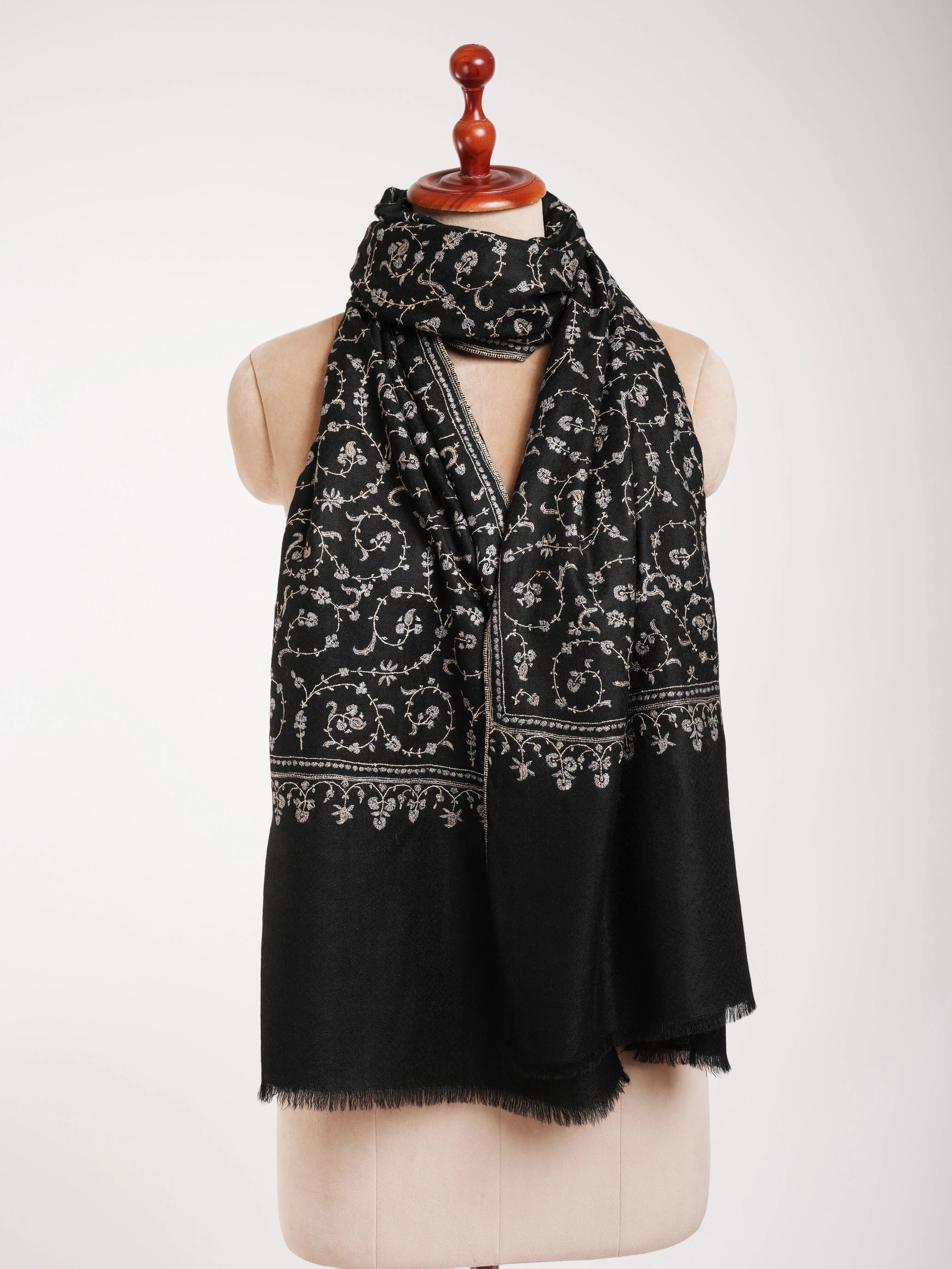 Black Indian Cashmere Lightweight Scarf with Hand Embroidery Shahkaar
