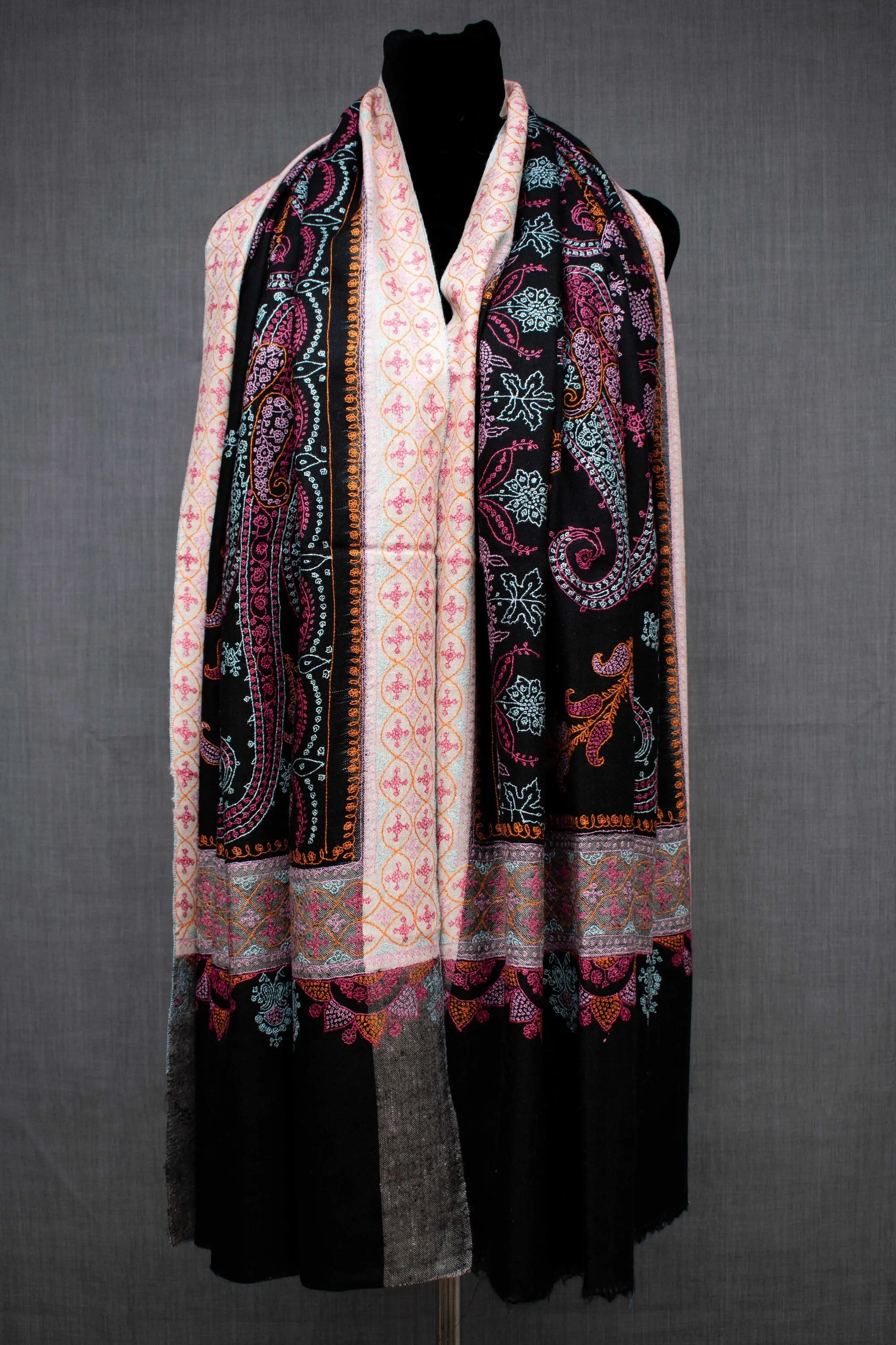Black Kashmiri Handmade Shawl, Pure Pashmina, Handwoven, Hand Embroidery. Shahkaar