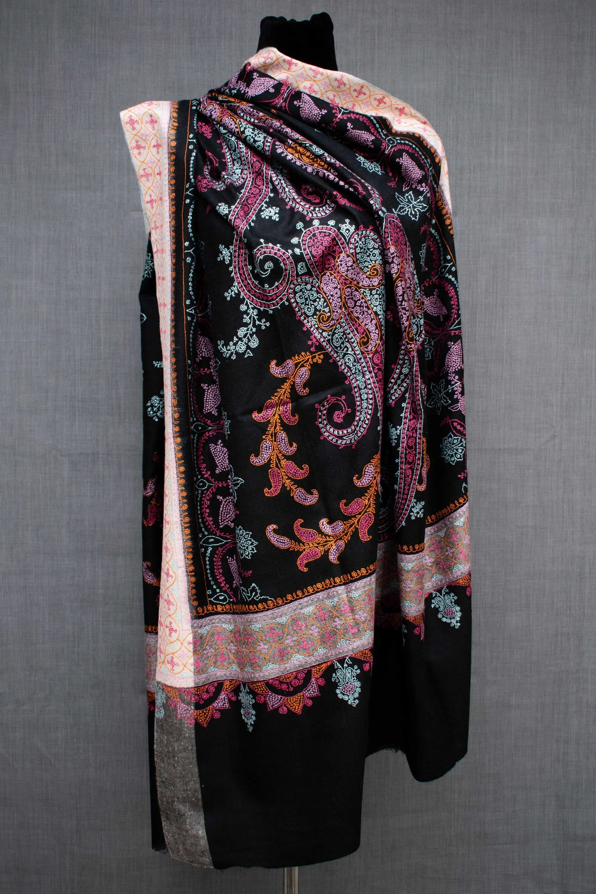 Black Kashmiri Handmade Shawl, Pure Pashmina, Handwoven, Hand Embroidery. Shahkaar