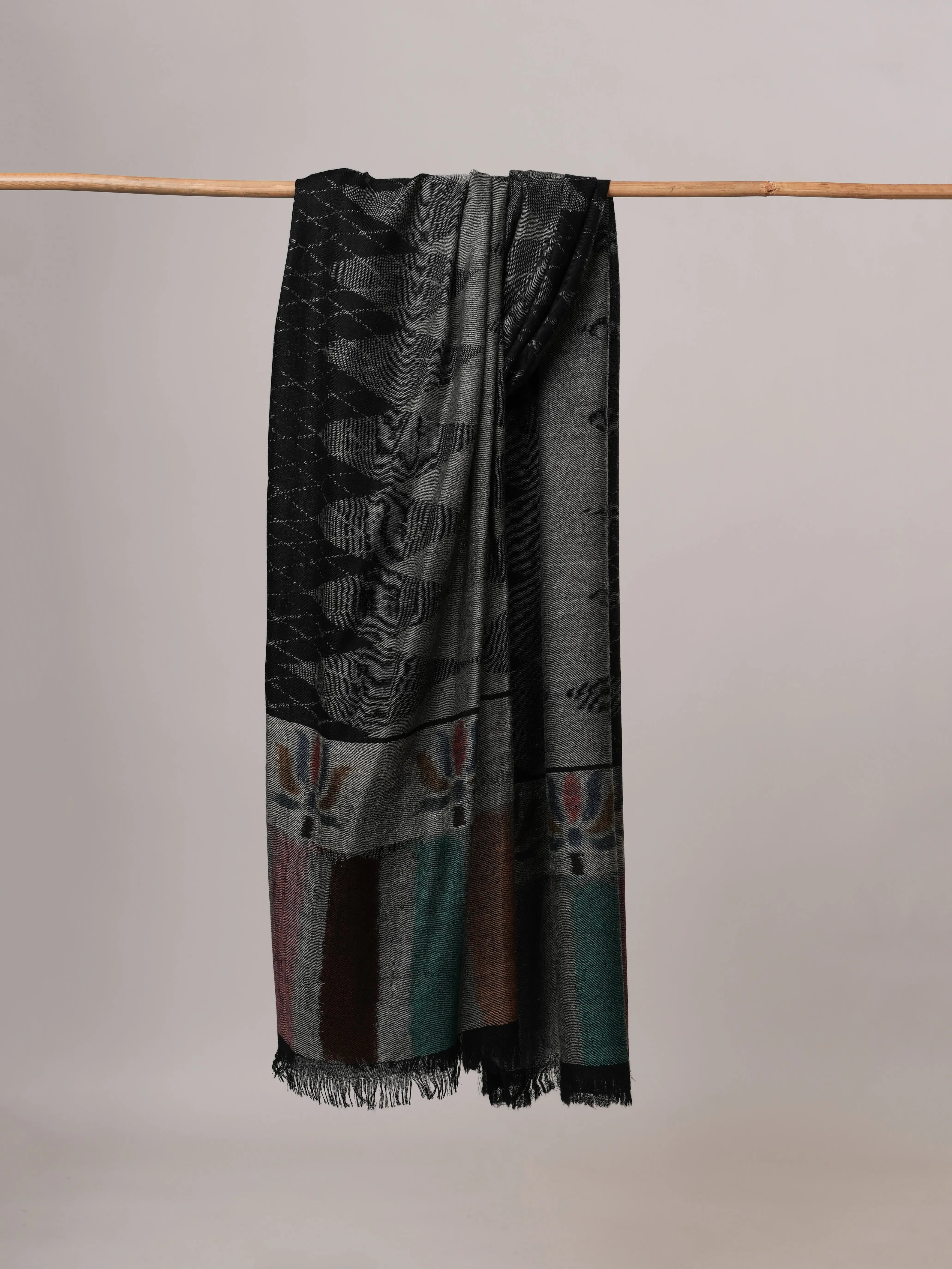 Black Oversized Ikat Pashmina Shawl with Floral Ikat Palla Shahkaar