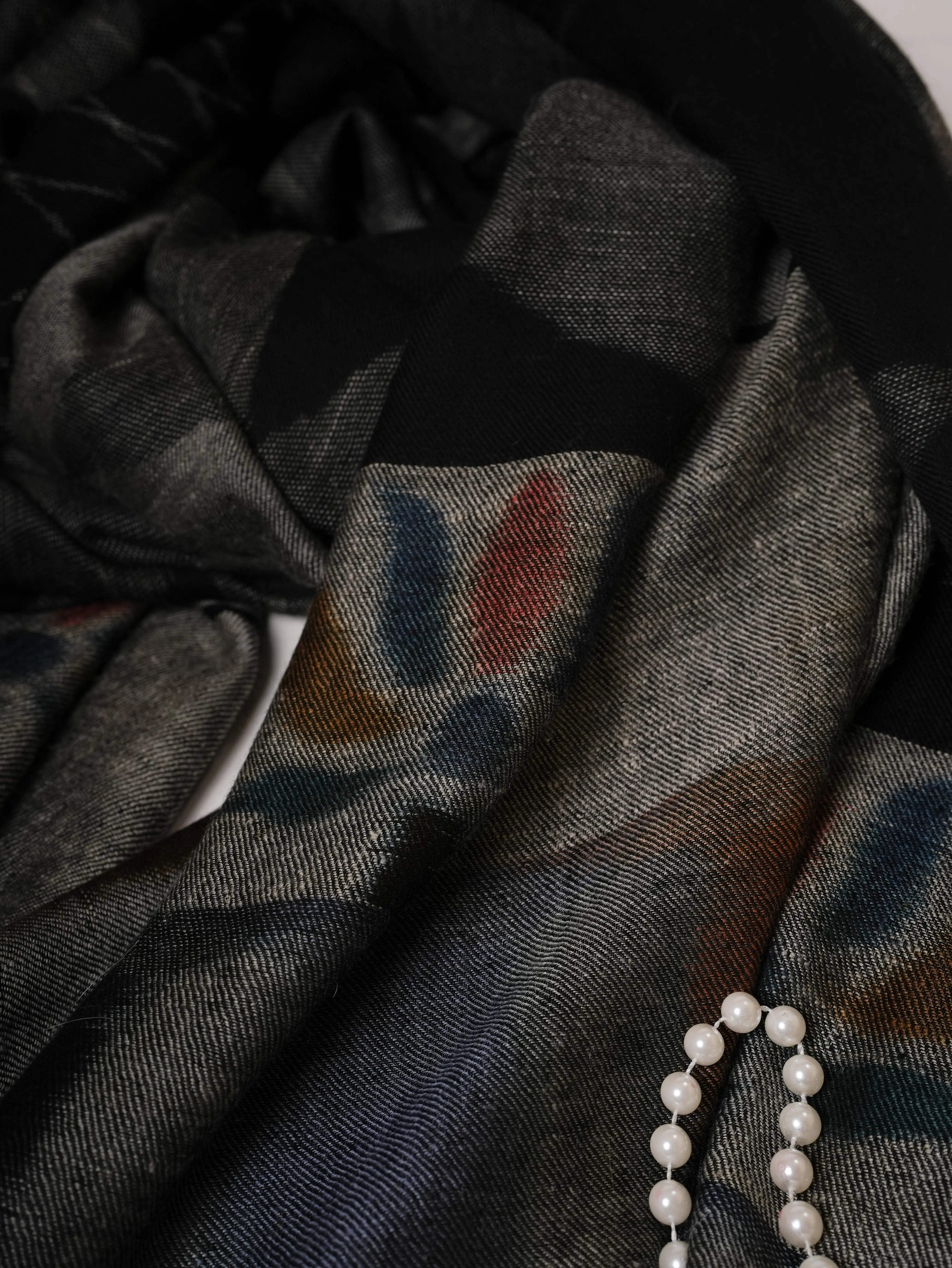 Black Oversized Ikat Pashmina Shawl with Floral Ikat Palla Shahkaar