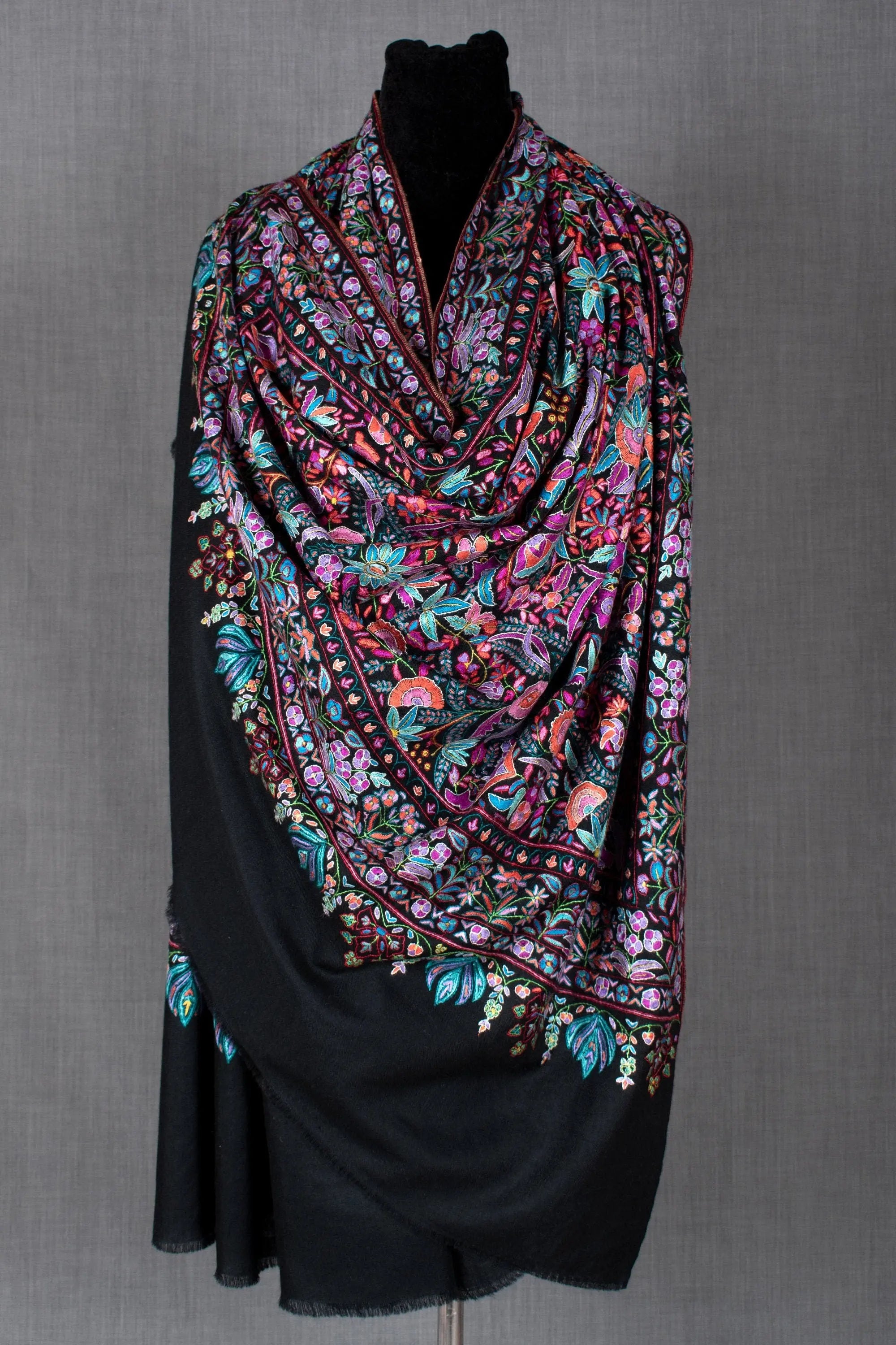 Black Paper Machie Shawl, Pure Pashmina Wrap, Handcrafted in Kashmir, 40x80" Shahkaar