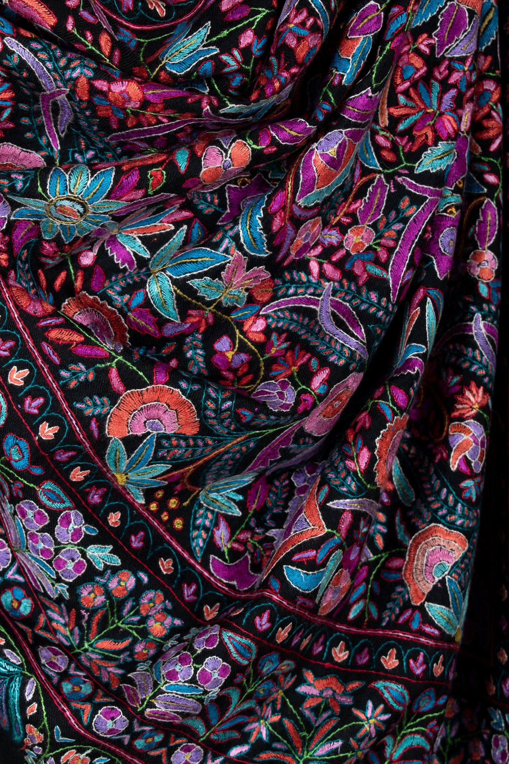 Black Paper Machie Shawl, Pure Pashmina Wrap, Handcrafted in Kashmir, 40x80" Shahkaar