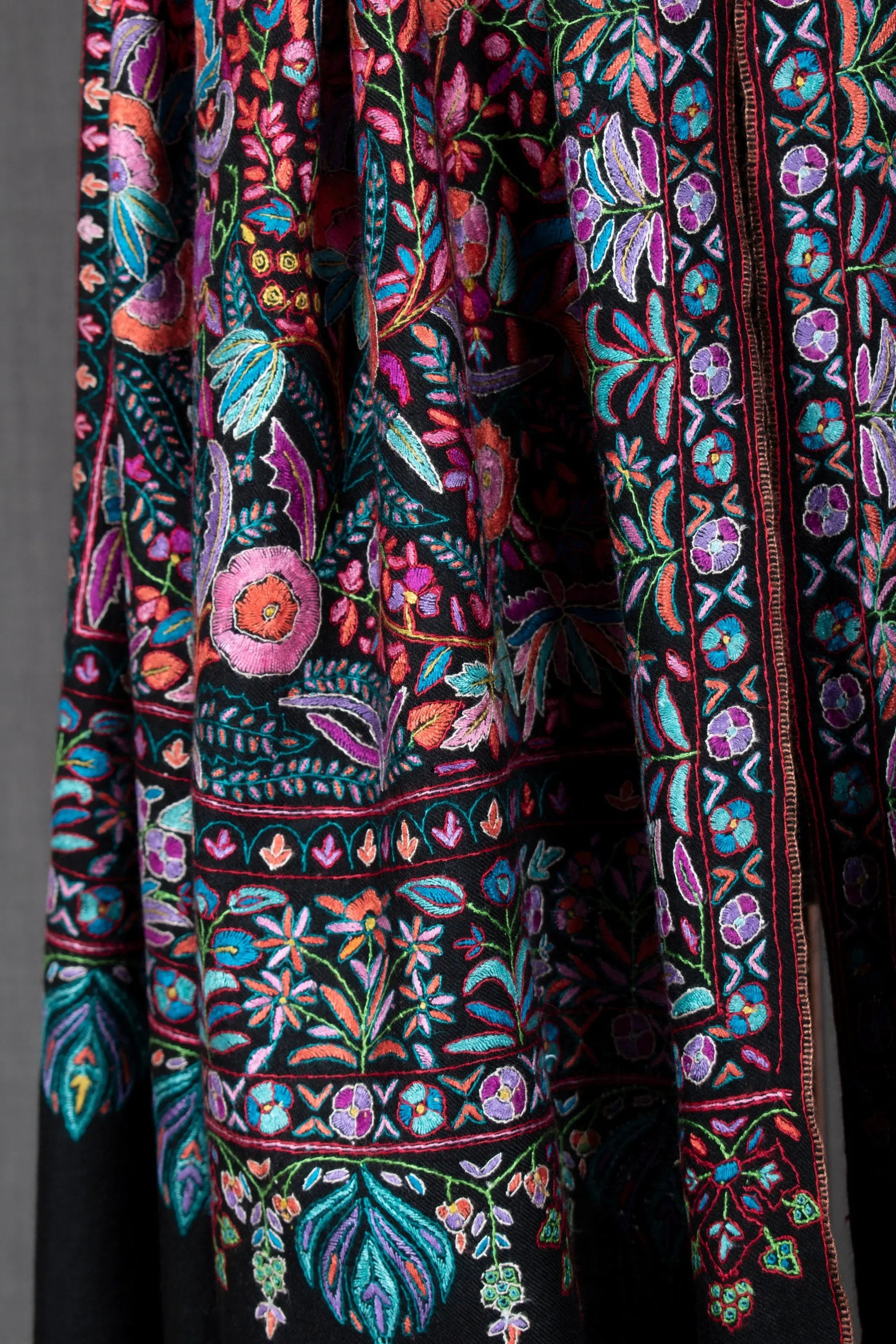 Black Paper Machie Shawl, Pure Pashmina Wrap, Handcrafted in Kashmir, 40x80" Shahkaar
