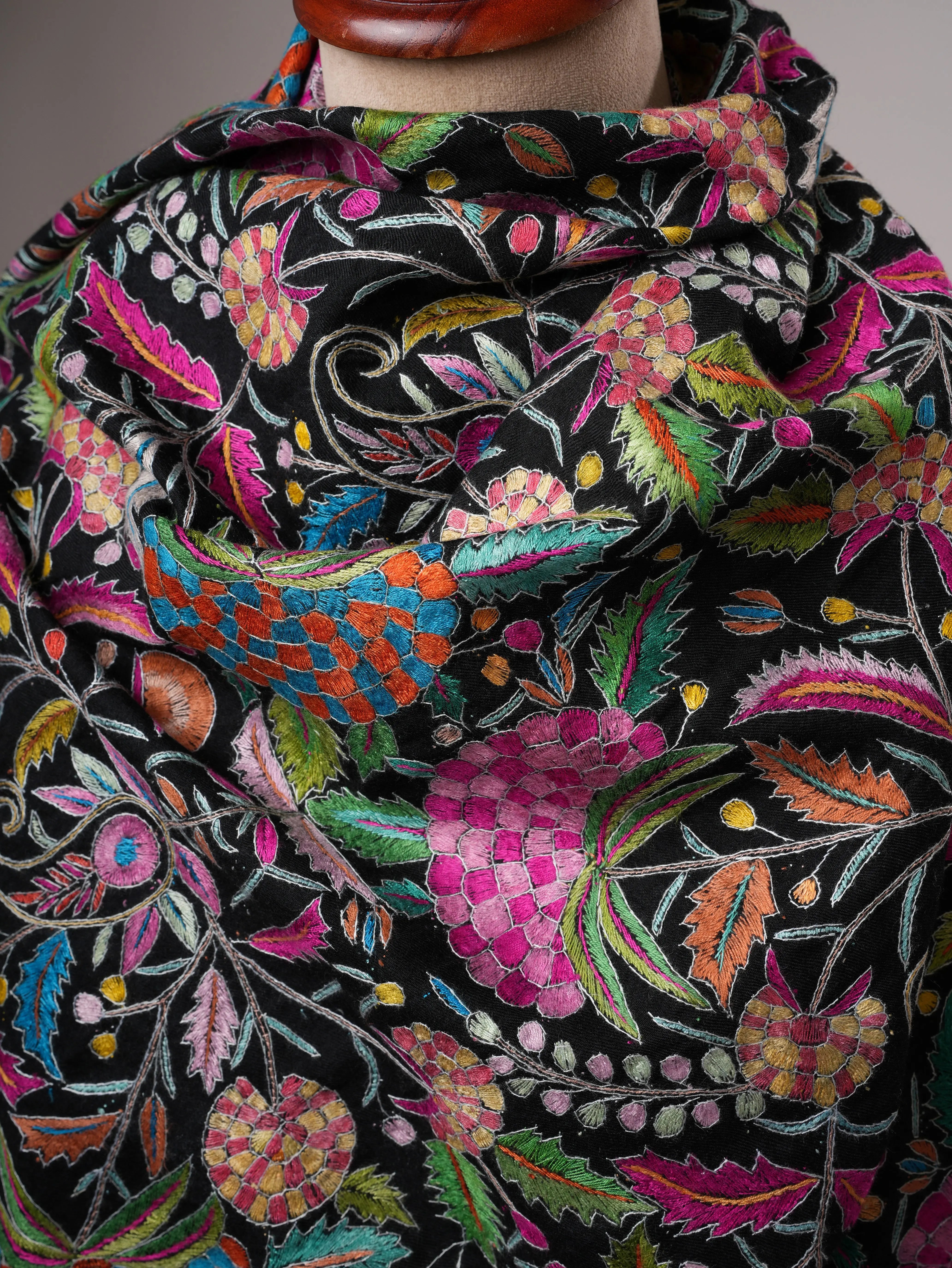 Black Pashmina Shawl with Handcrafted Floral Papermachie Motifs Shahkaar