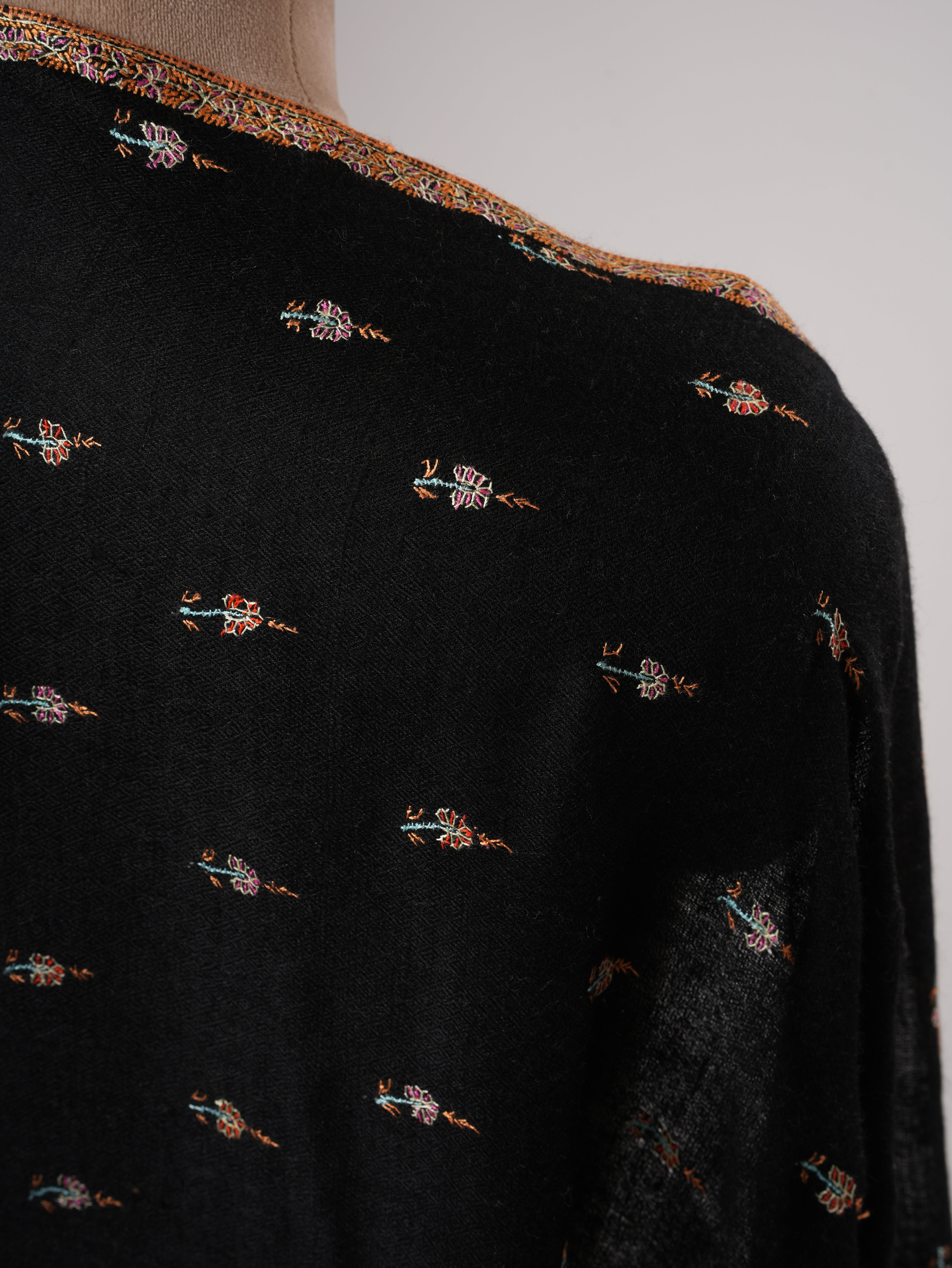 Black Pashmina Shawl with Machie Buteh Hand Embroidery Shahkaar