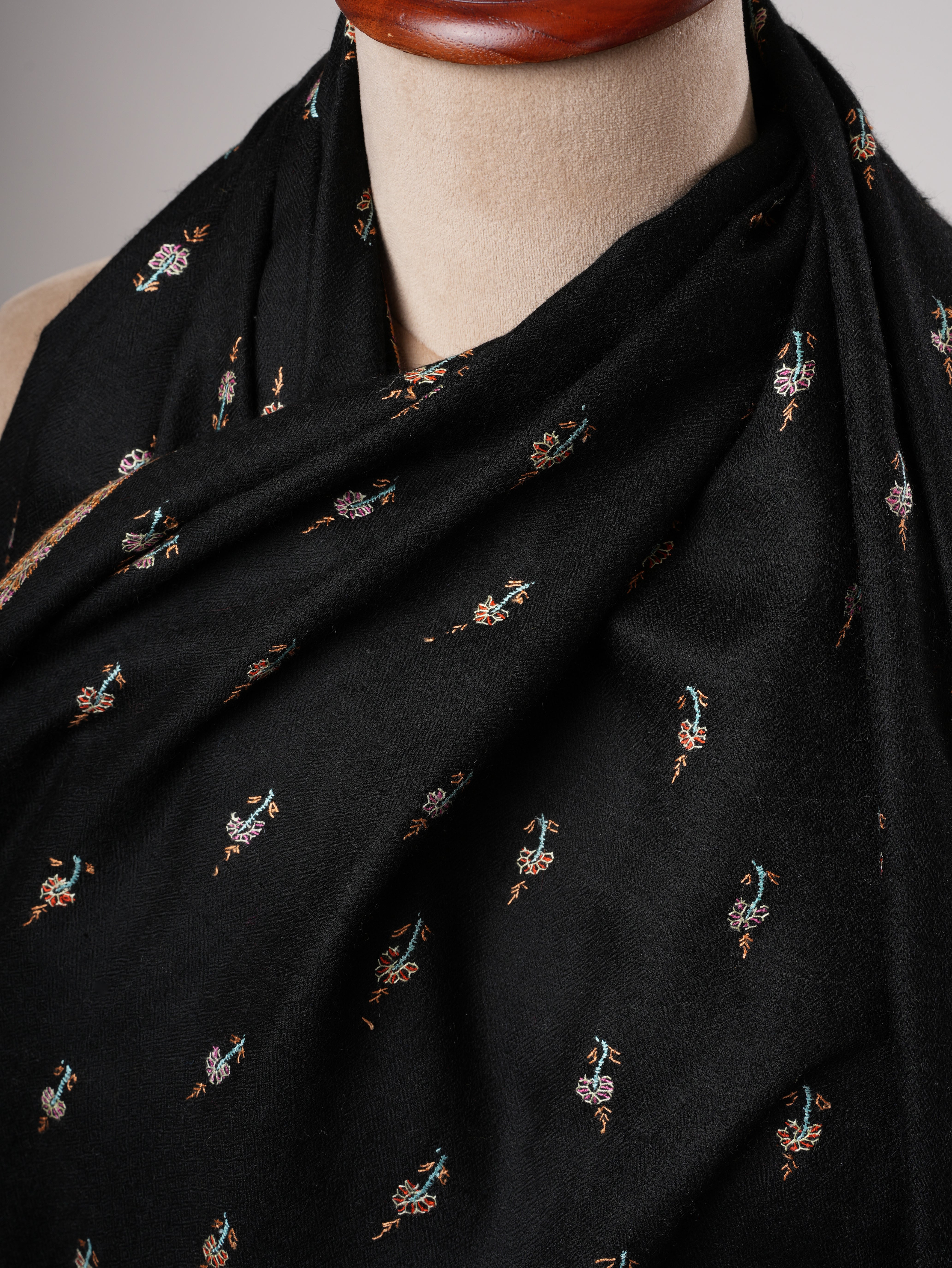 Black Pashmina Shawl with Machie Buteh Hand Embroidery Shahkaar