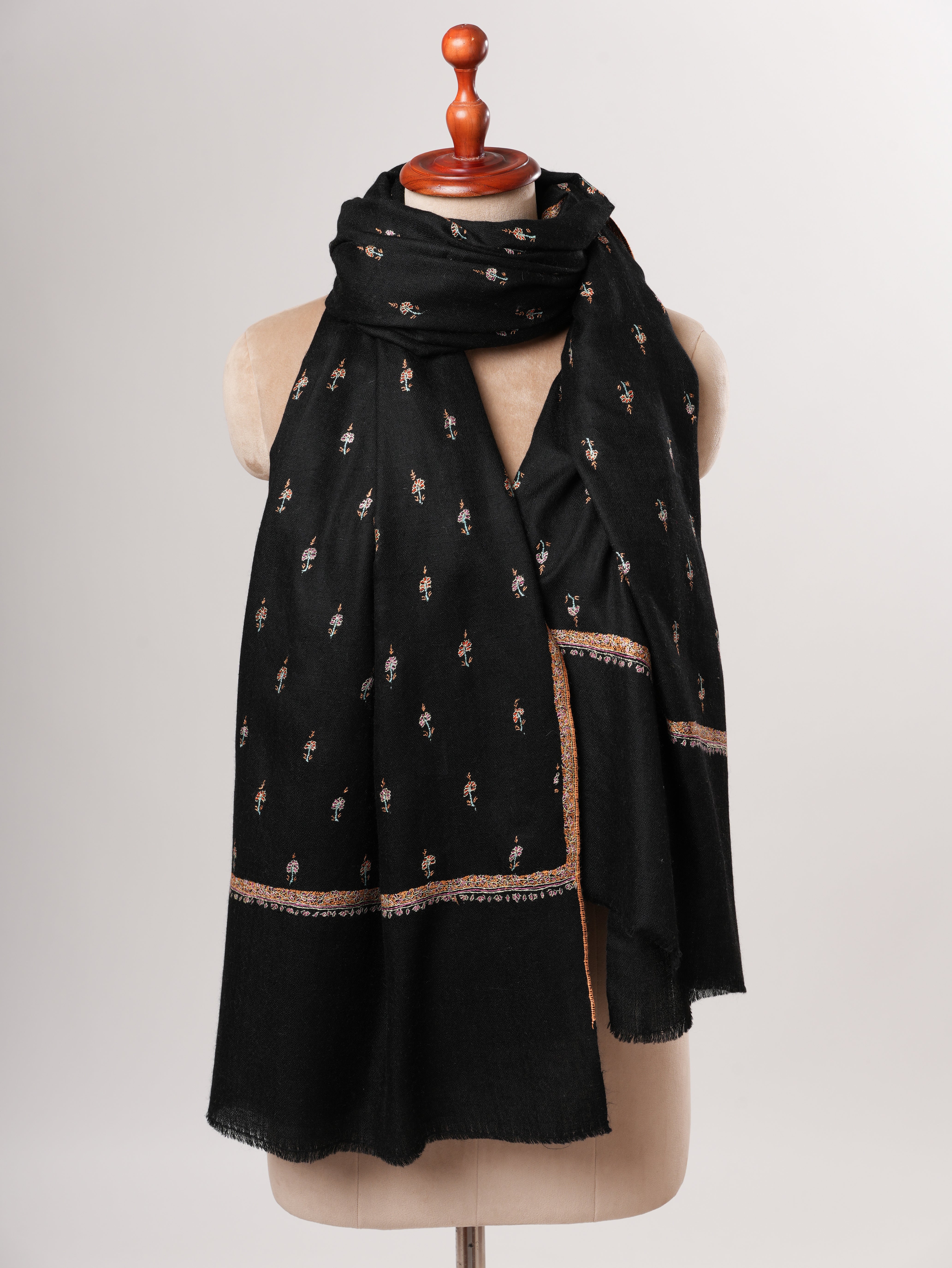 Black Pashmina Shawl with Machie Buteh Hand Embroidery Shahkaar