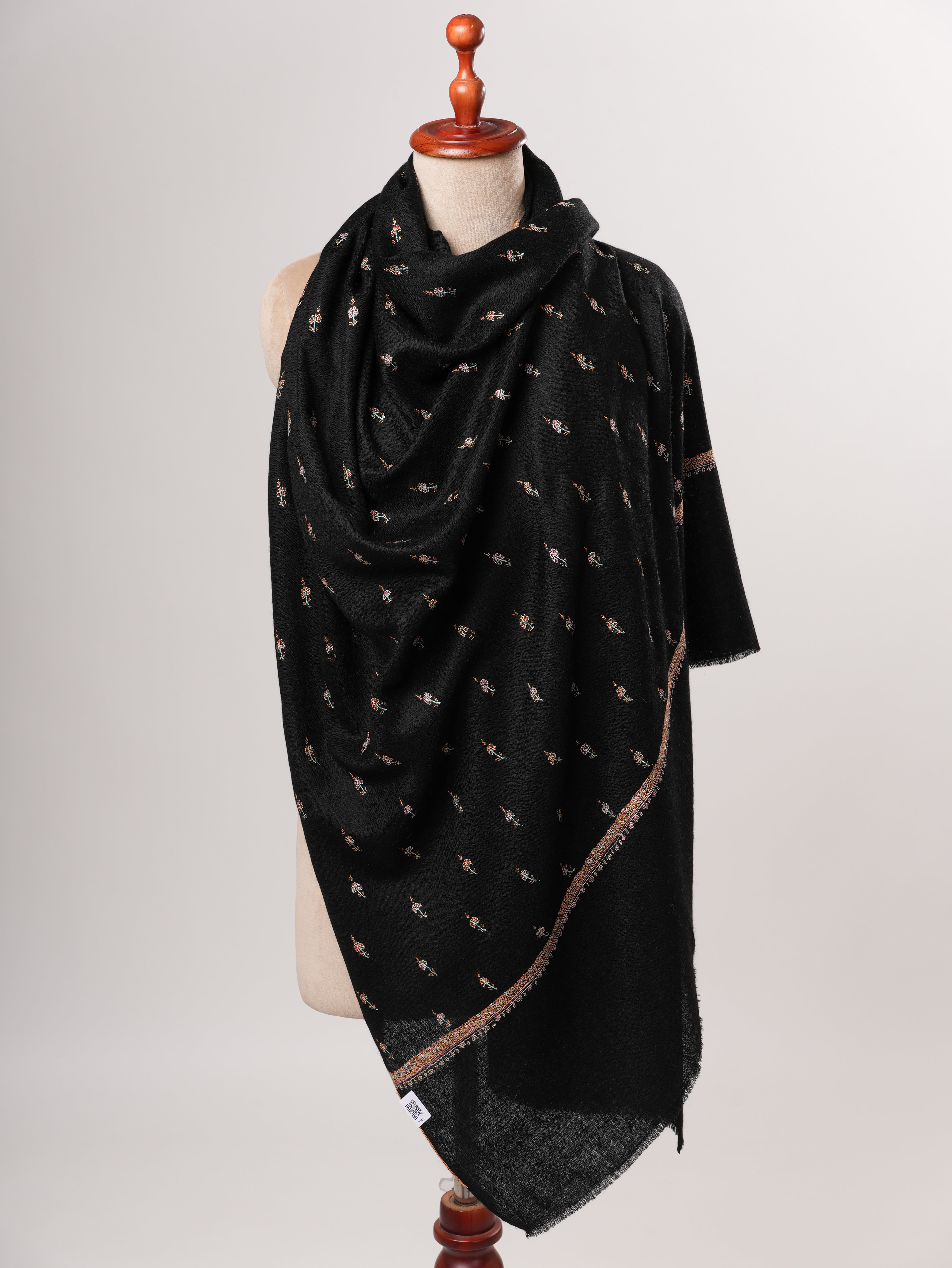 Black Pashmina Shawl with Machie Buteh Hand Embroidery Shahkaar