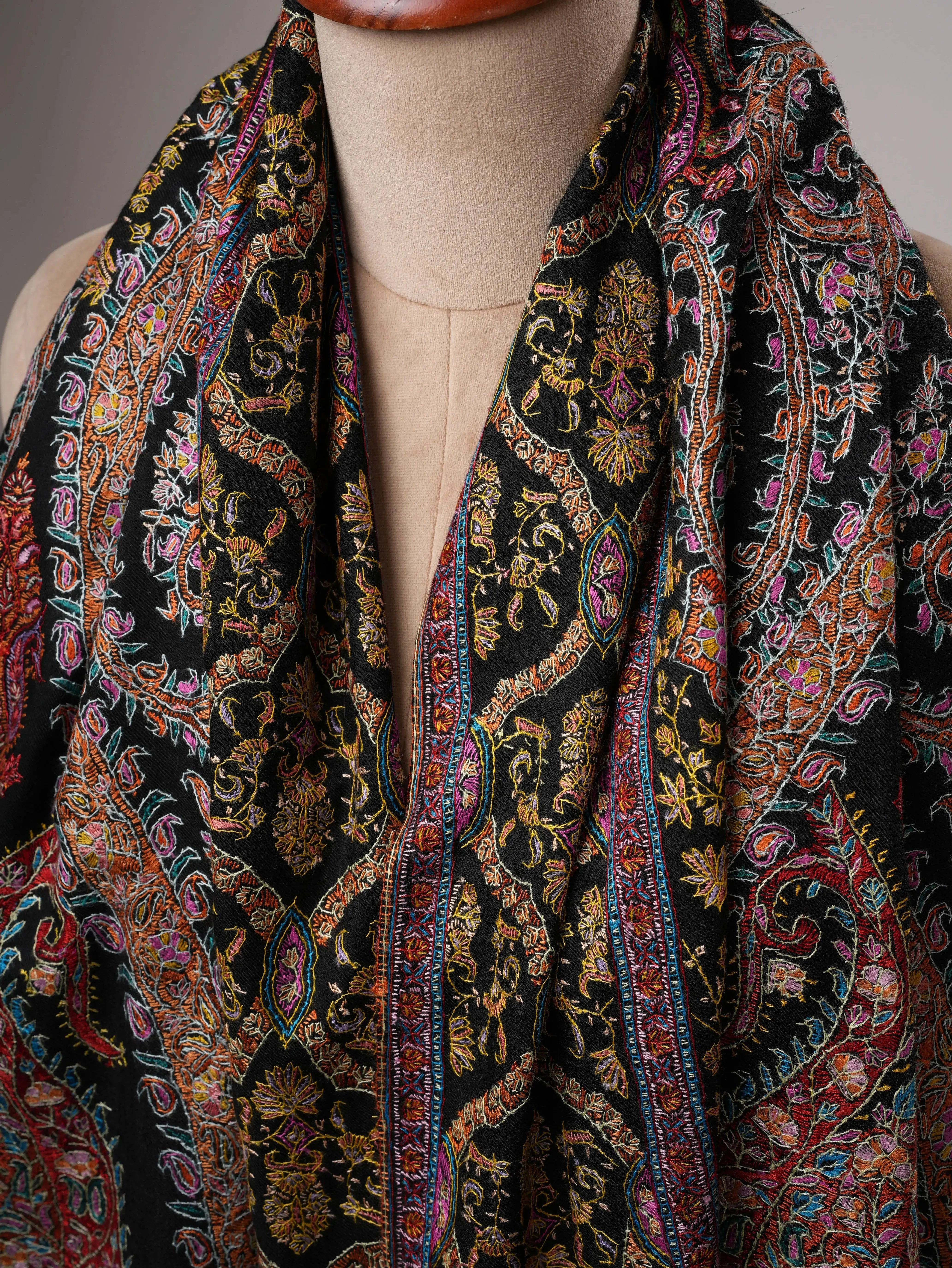 Black Pure Pashmina Jamavar Shawl with Hand Embroidery Shahkaar