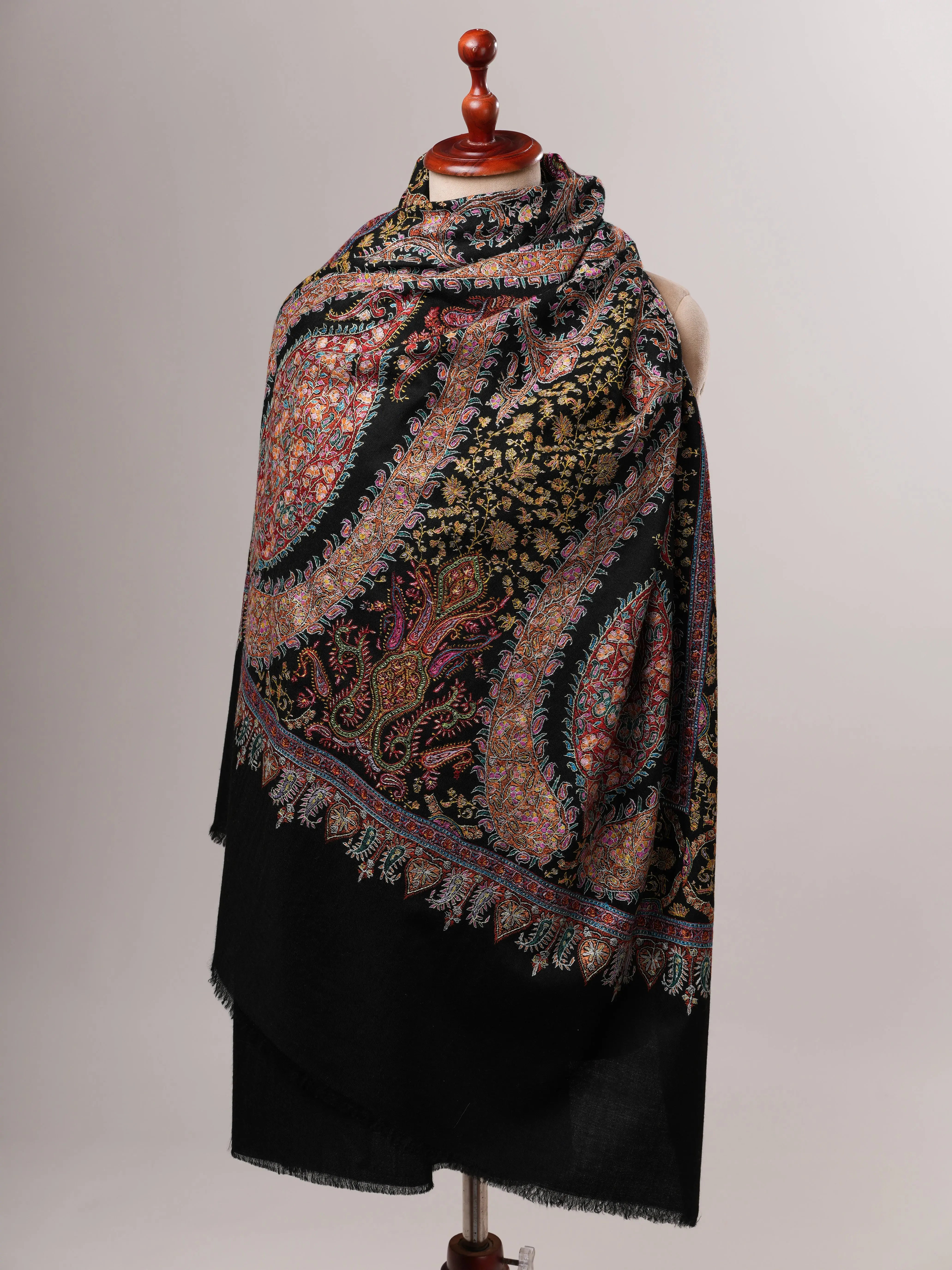 Black Pure Pashmina Jamavar Shawl with Hand Embroidery Shahkaar