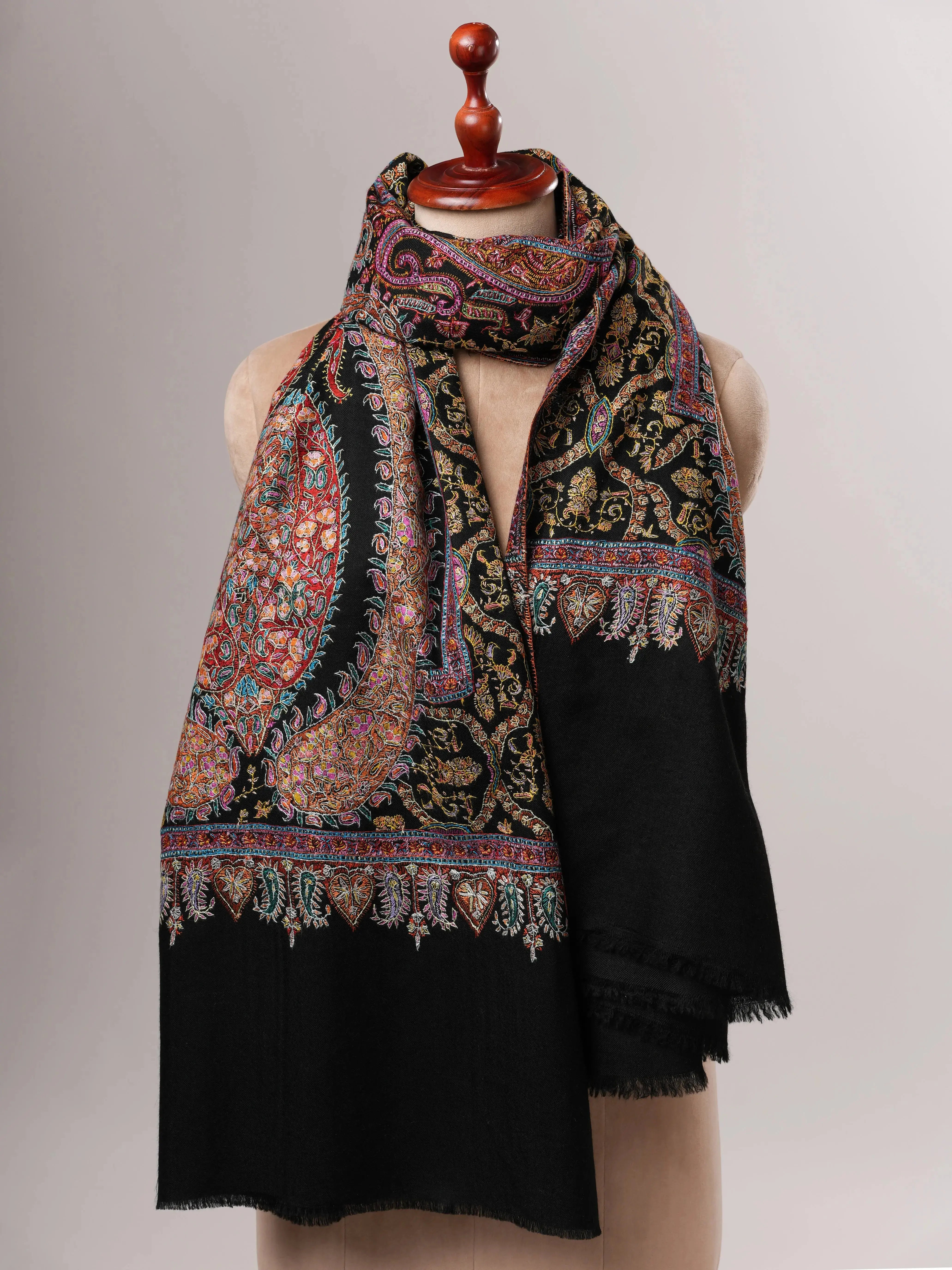 Black Pure Pashmina Jamavar Shawl with Hand Embroidery Shahkaar
