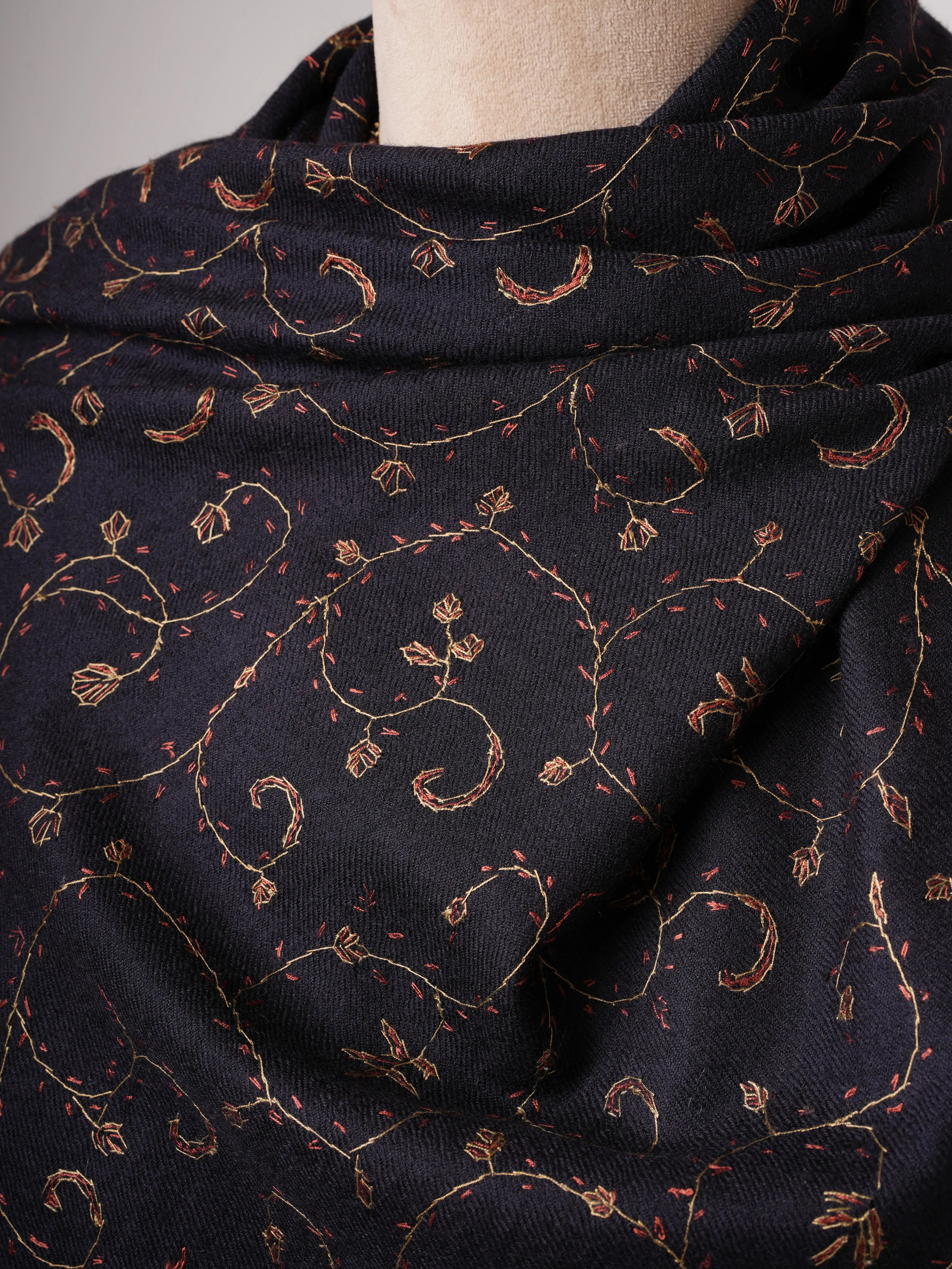 Black Silk Wool Shawl with Hand Embroidery Shahkaar