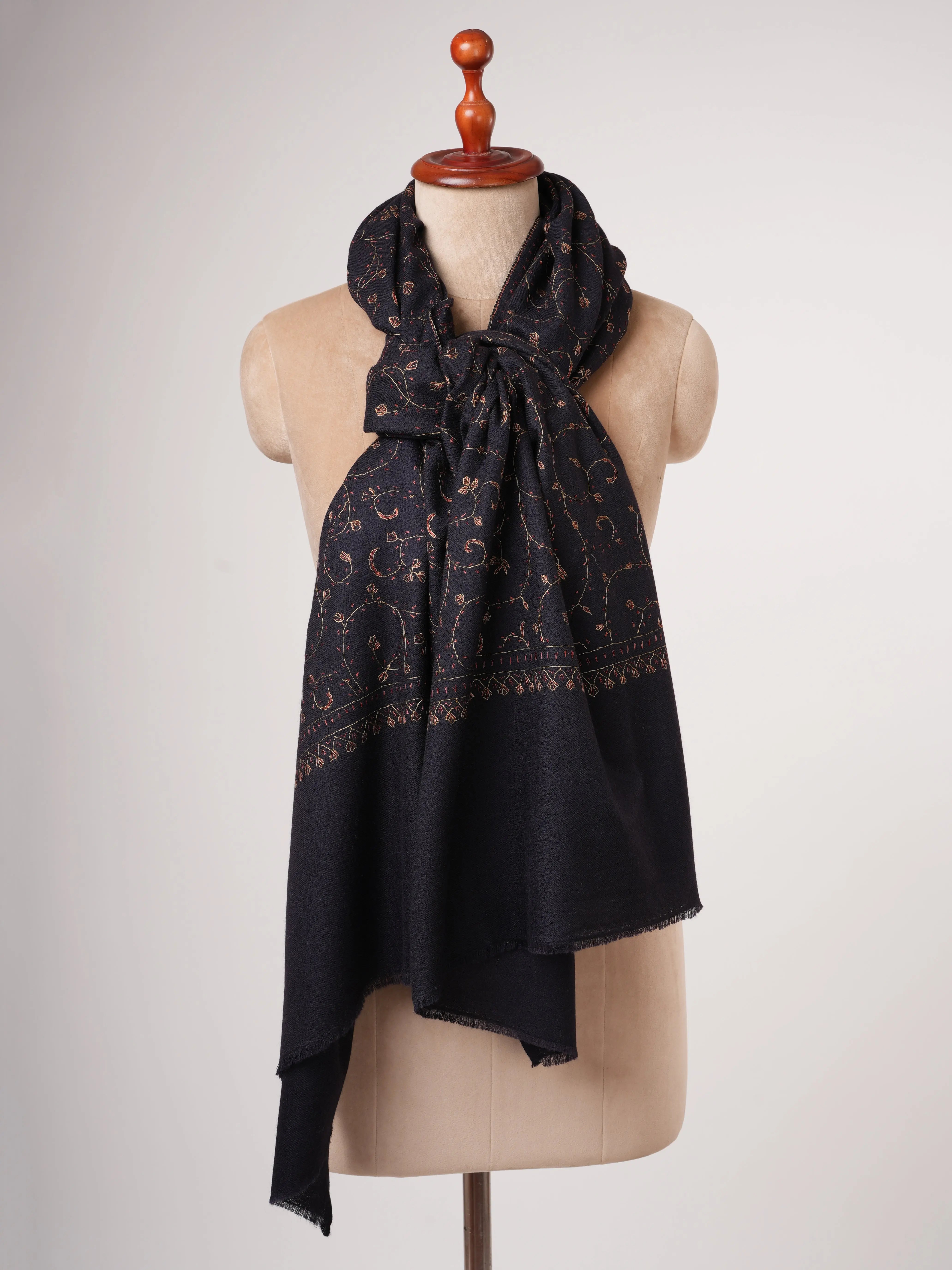 Black Silk Wool Shawl with Hand Embroidery Shahkaar