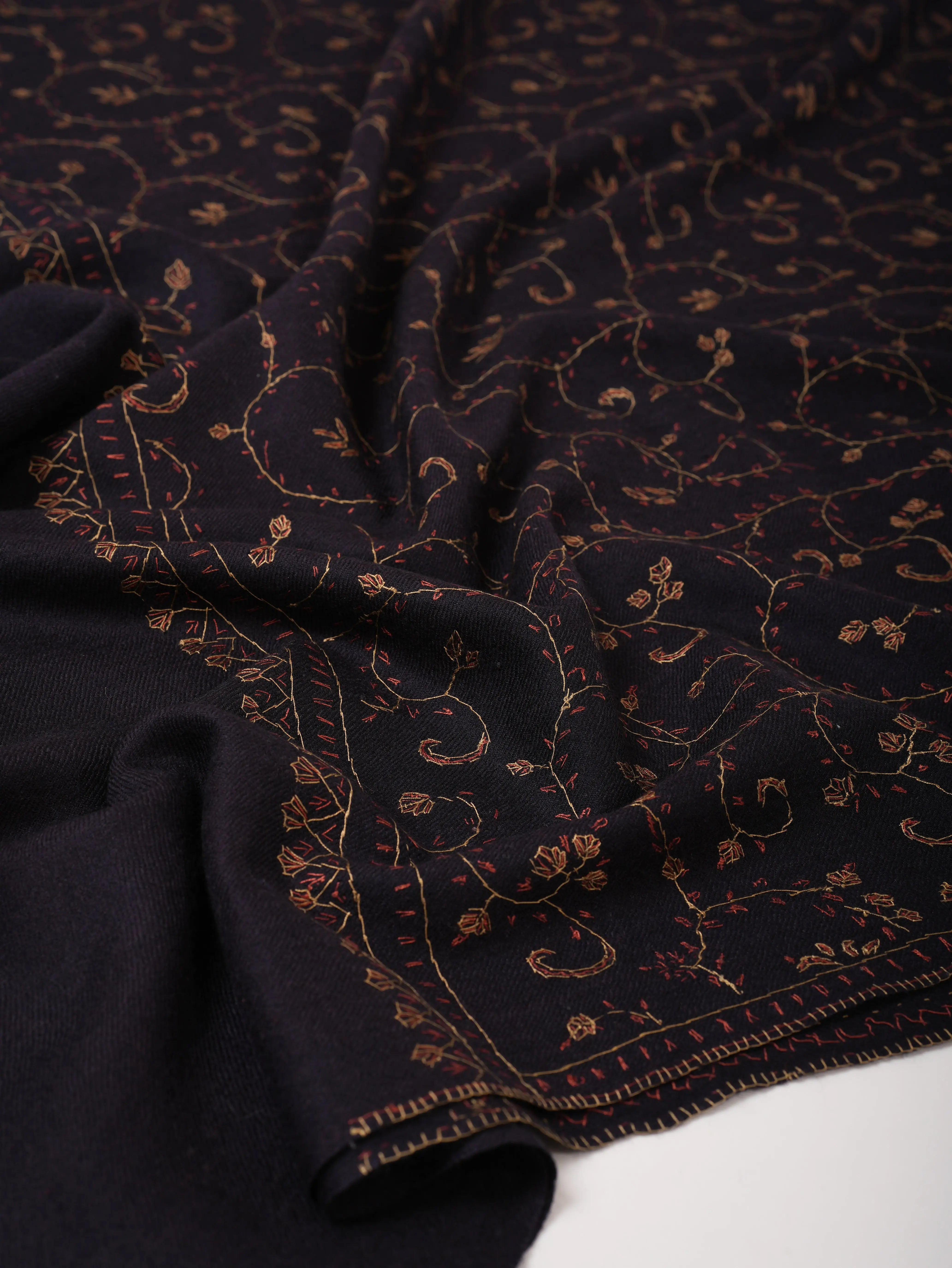 Black Silk Wool Shawl with Hand Embroidery Shahkaar