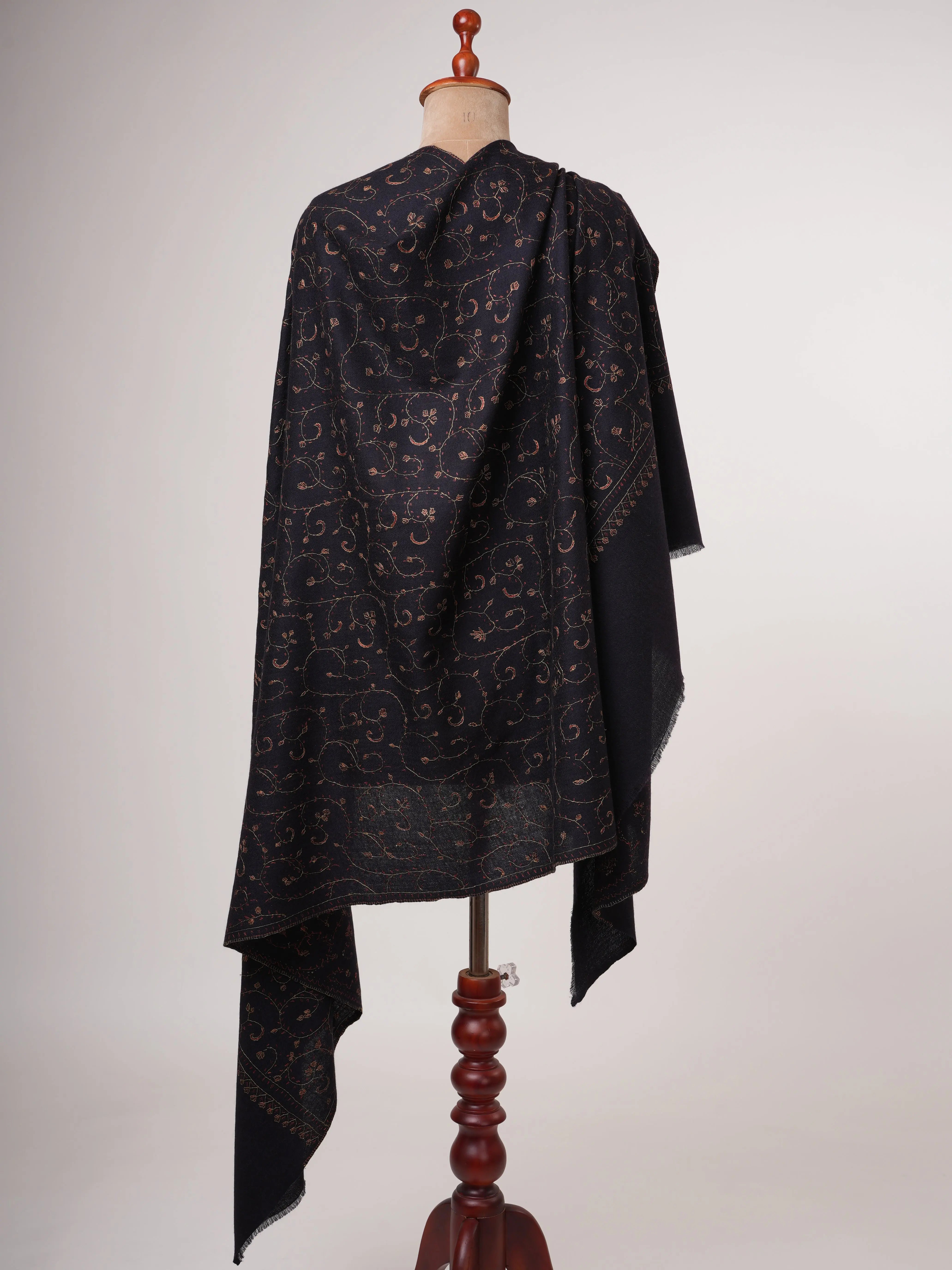 Black Silk Wool Shawl with Hand Embroidery Shahkaar