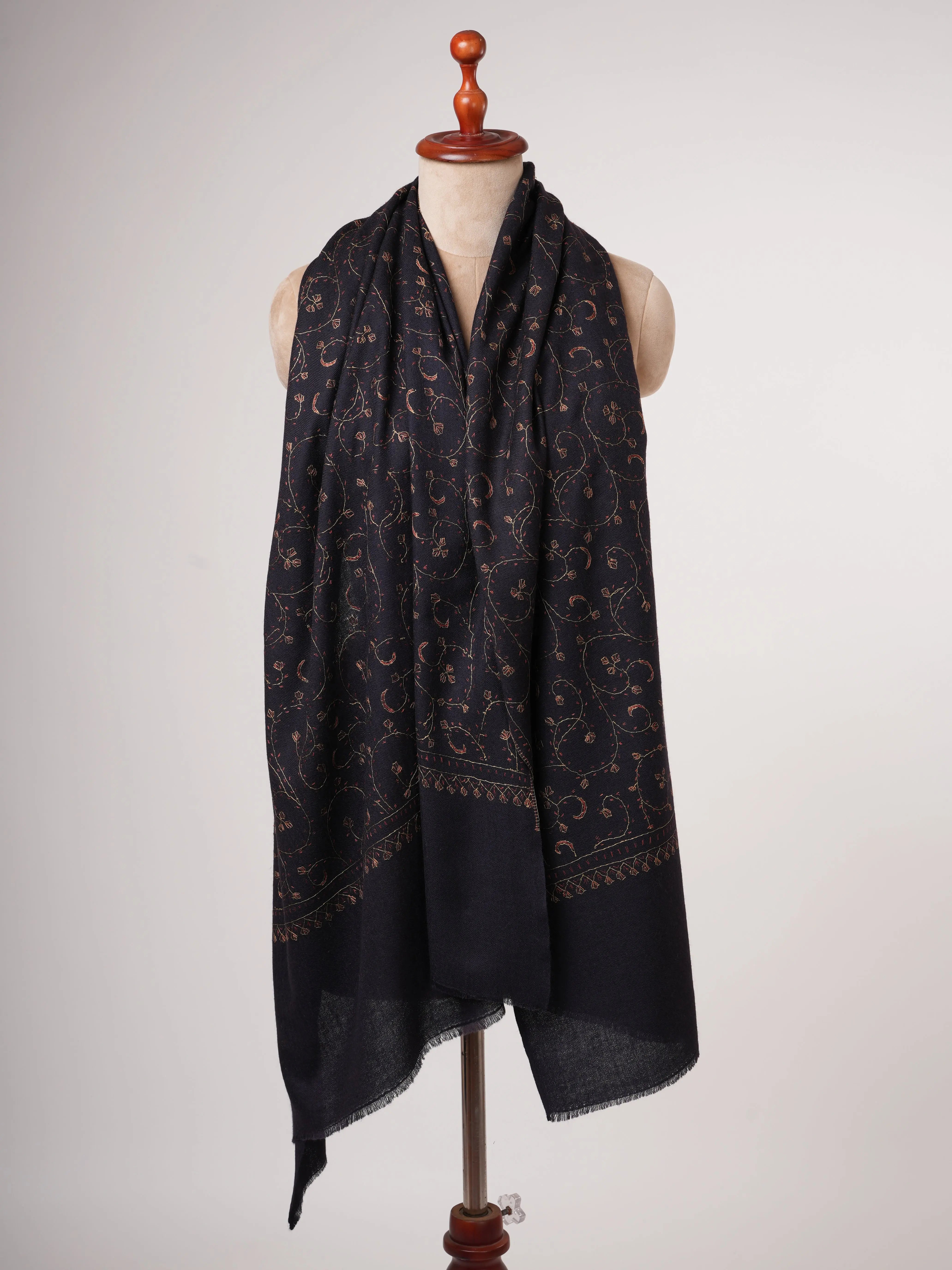 Black Silk Wool Shawl with Hand Embroidery Shahkaar