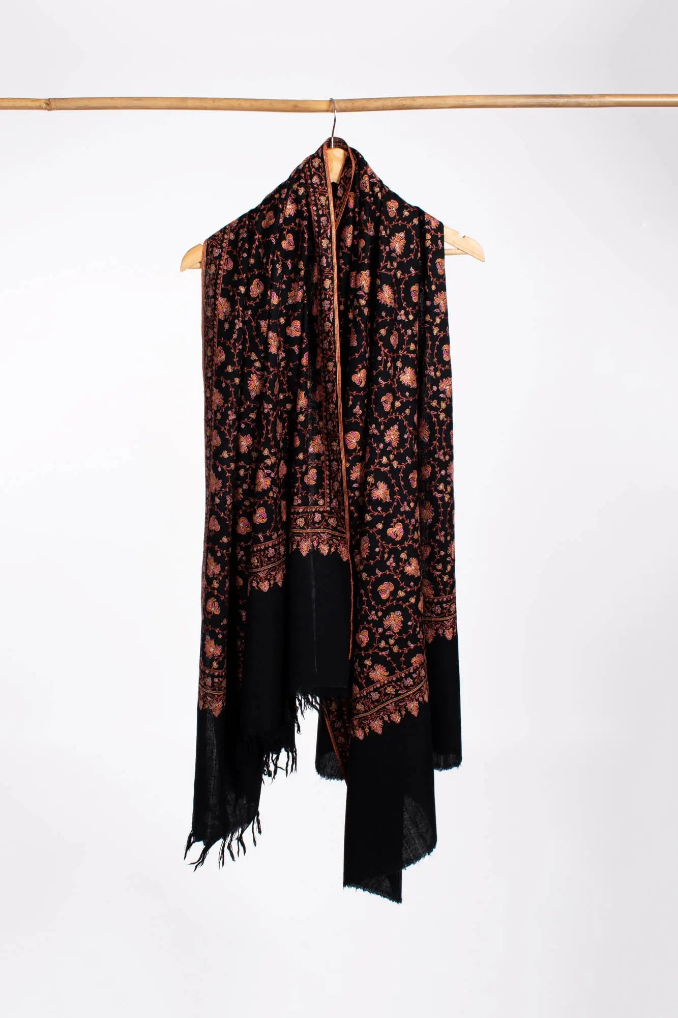 Black Sozni Embroidered Khaki Kaar Pashmina Shawl - WALPI Shahkaar