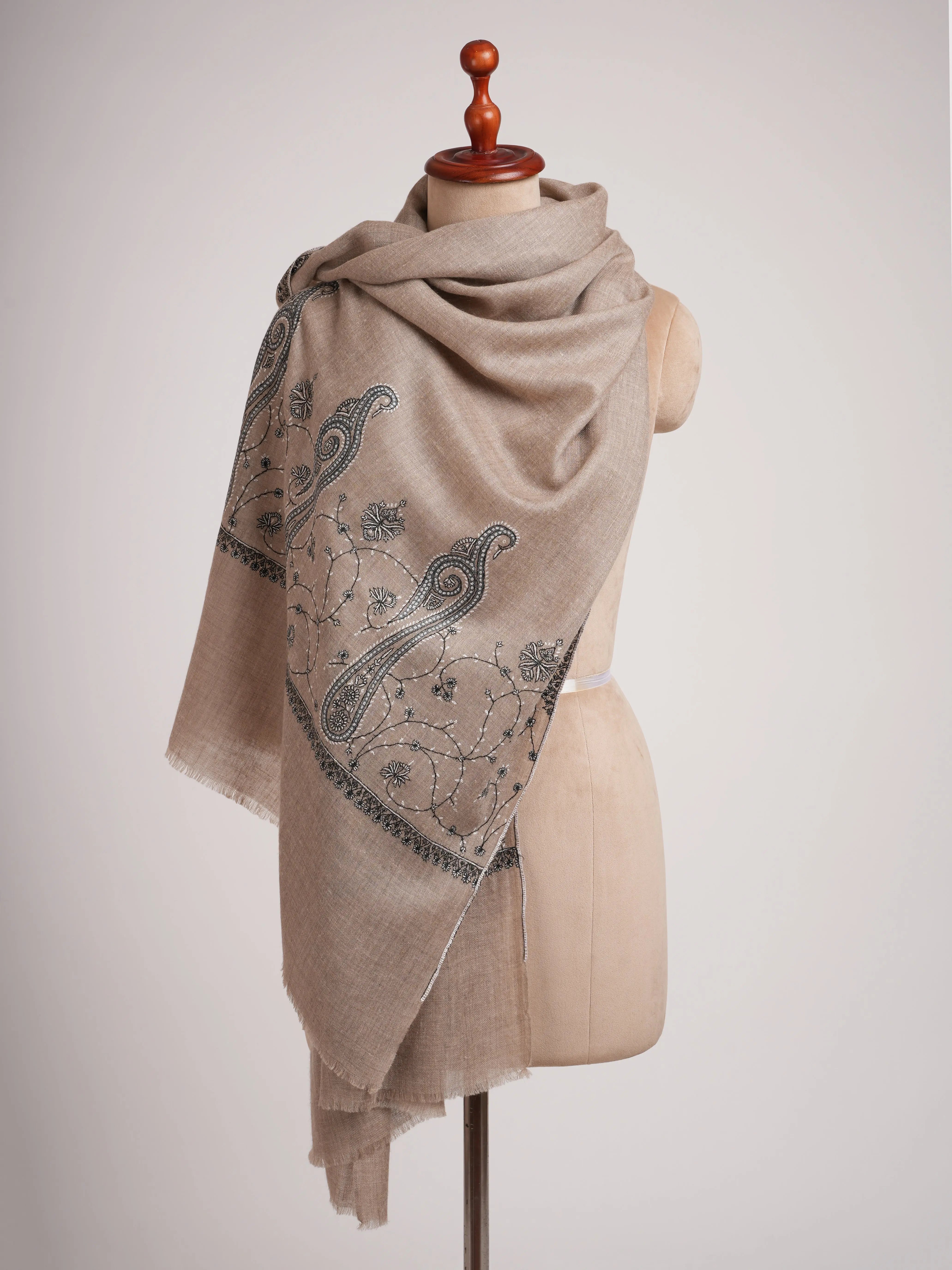 Black and Taupe Embroidered Featherlight Cashmere Wrap Shahkaar
