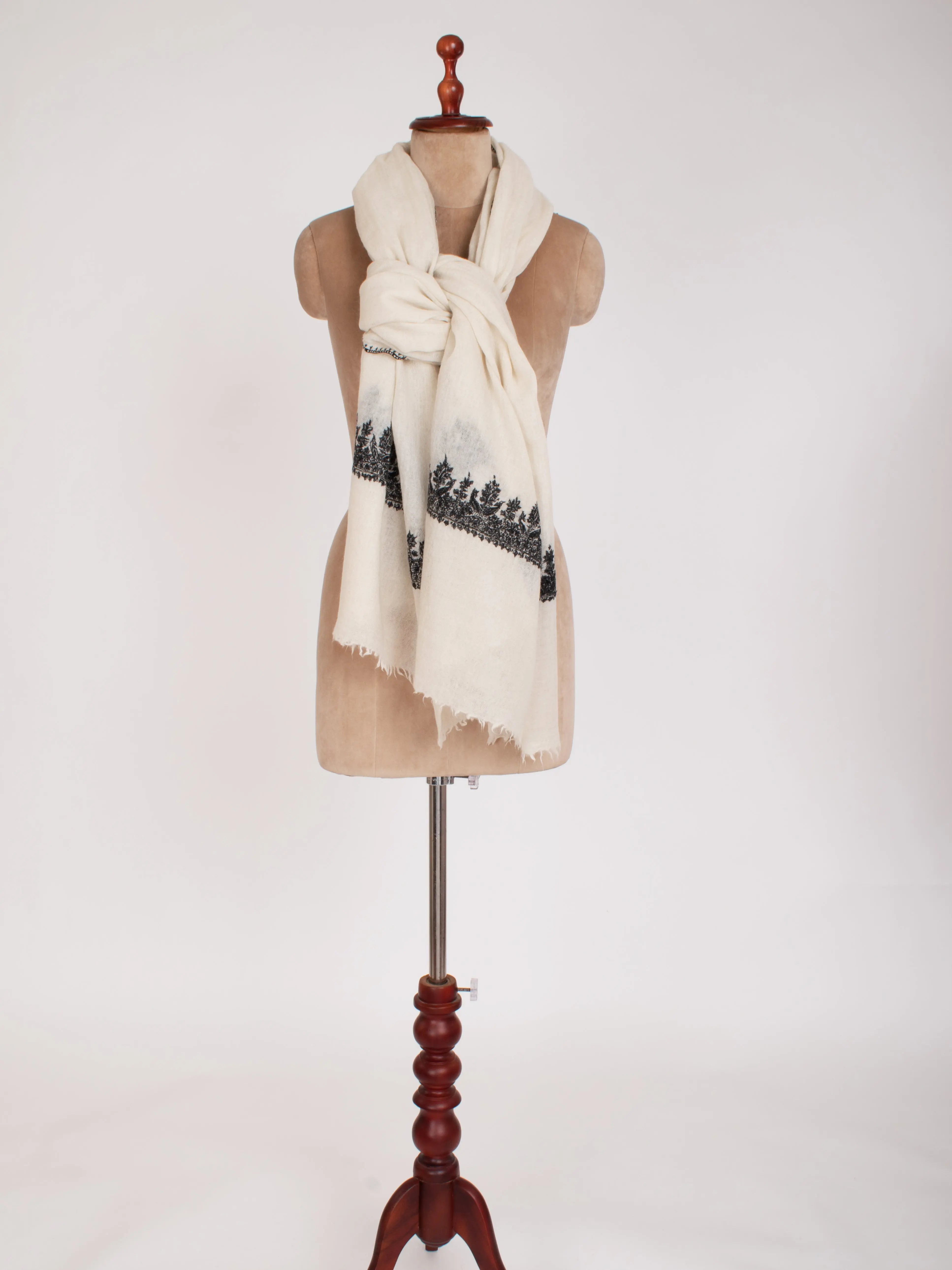 Black and White Kashmiri Embroidered Bulky Wool Shawl Shahkaar