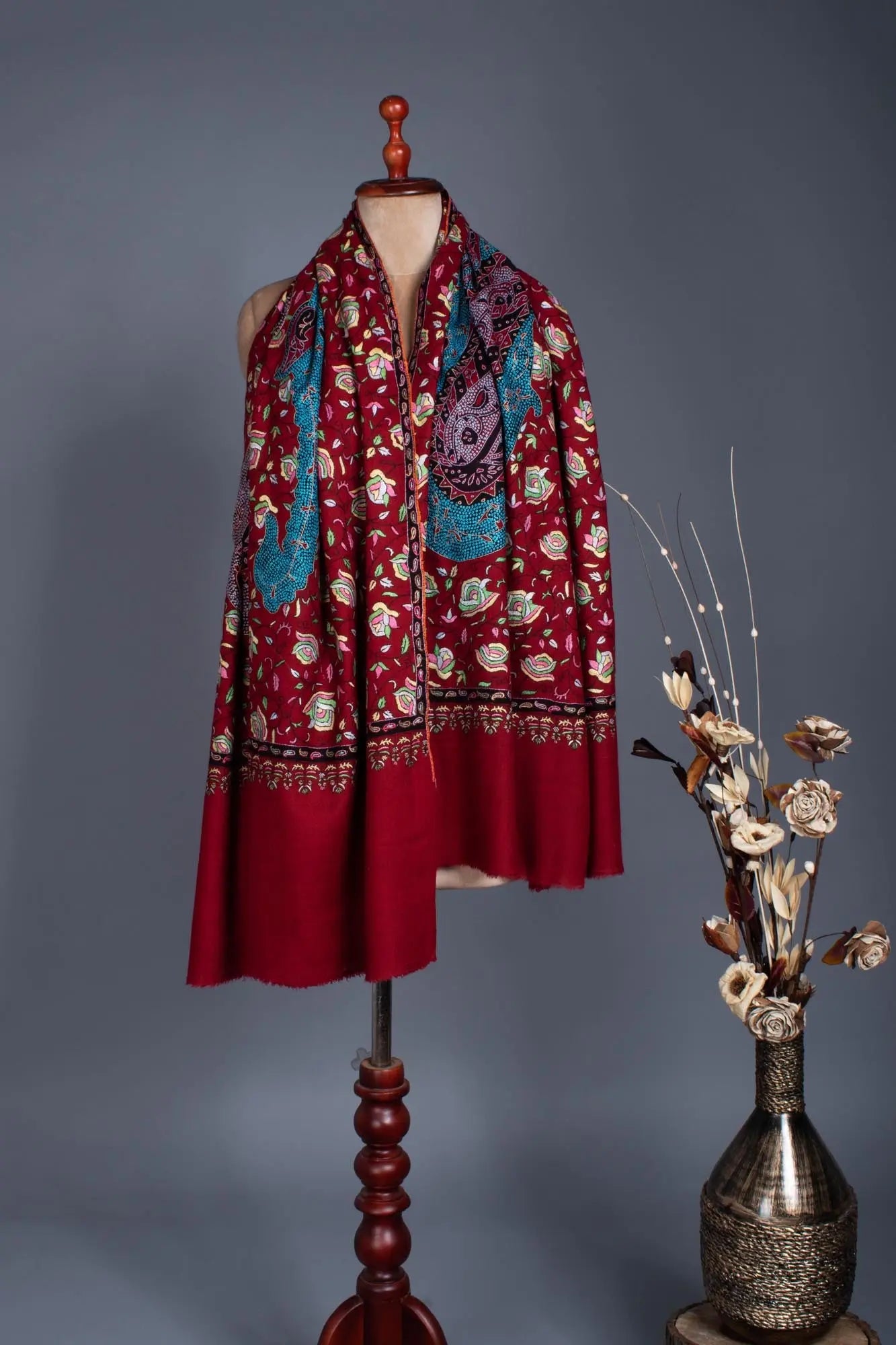 Blood Red Pashmina Embroidered with Paisley Paper machie - BANDARBAN Shahkaar