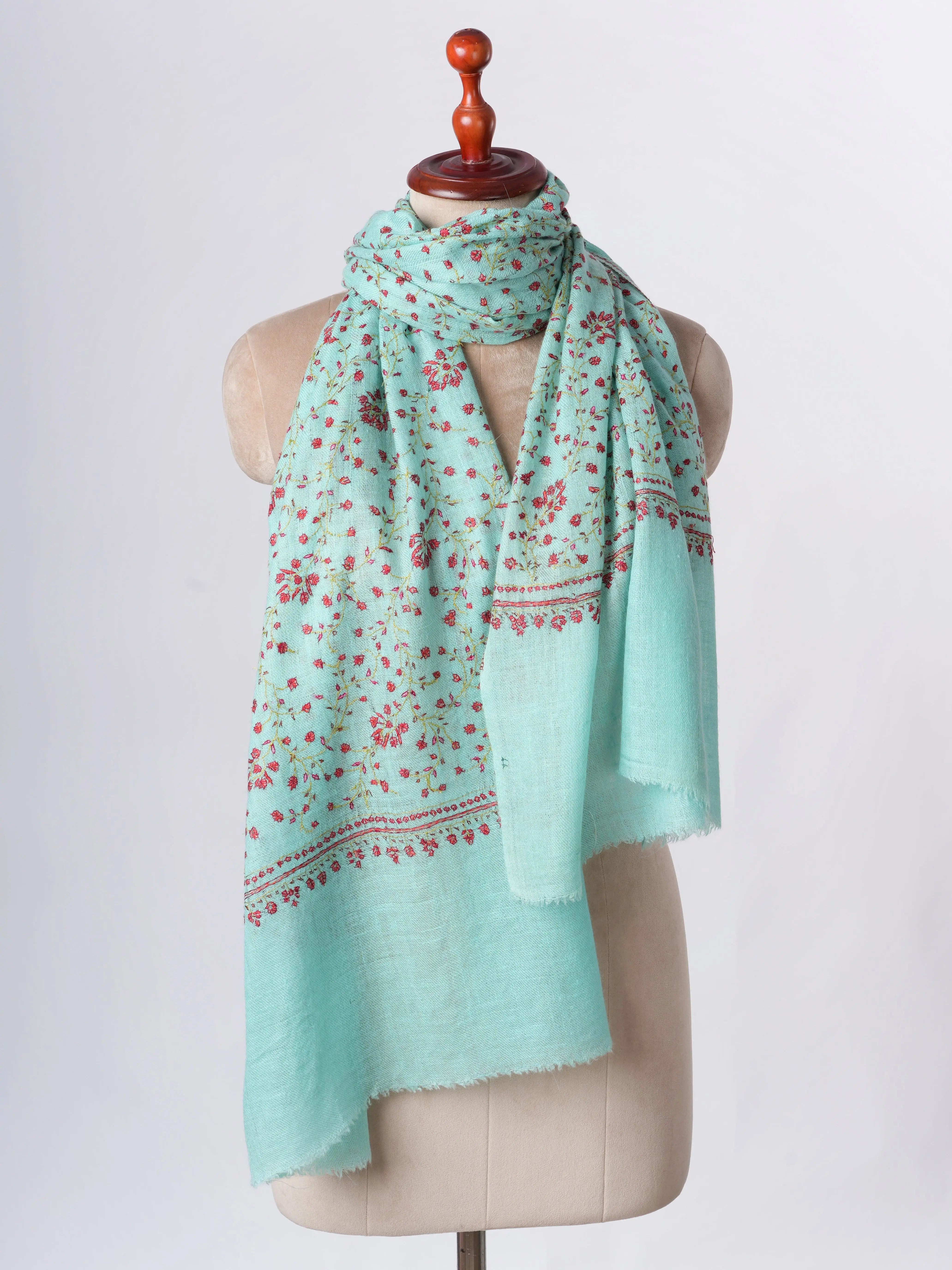Blue Baby Soft Cashmere Scarf with Jali Hand Embroidery - Artisan Crafted Shahkaar