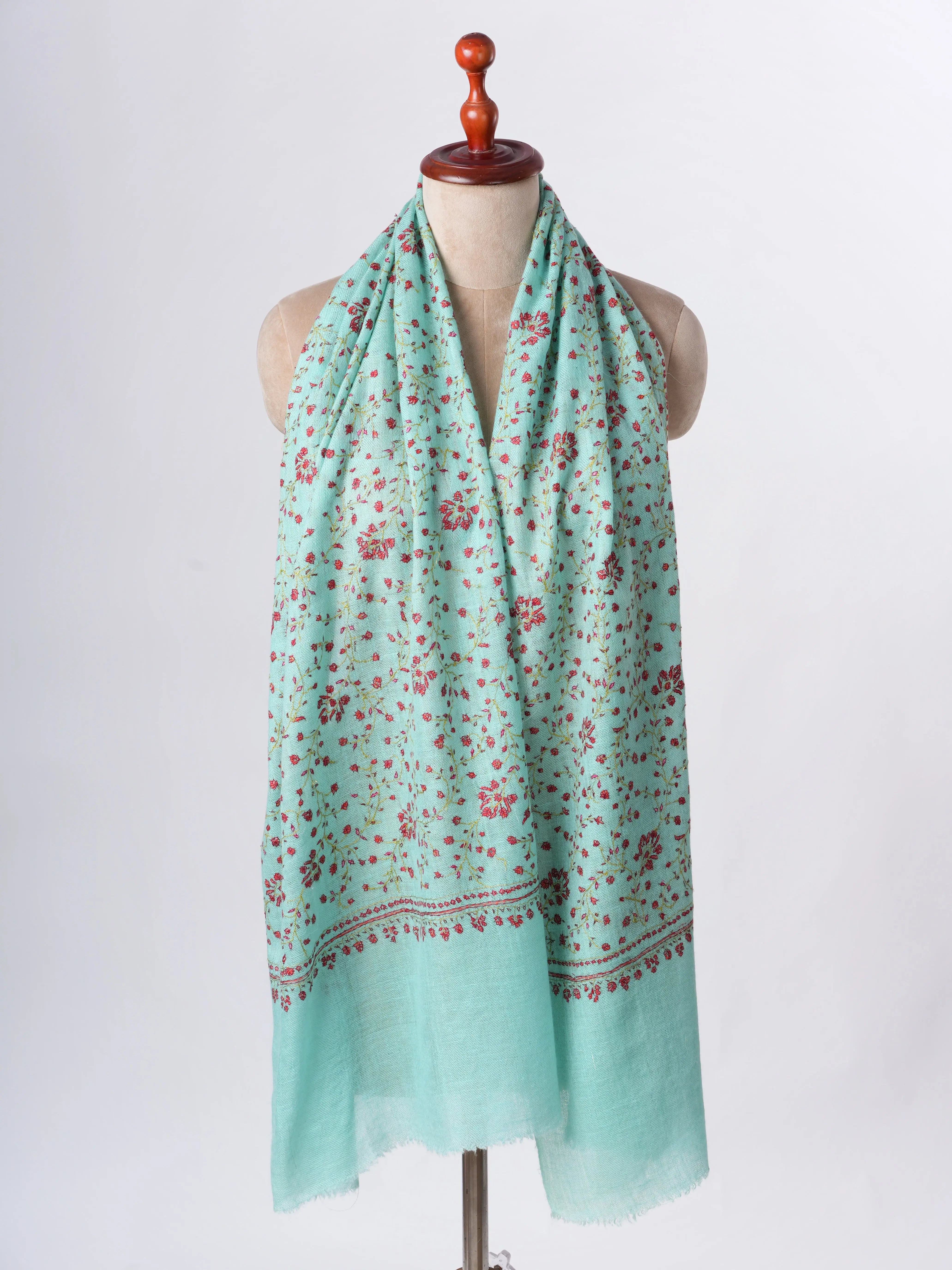 Blue Baby Soft Cashmere Scarf with Jali Hand Embroidery - Artisan Crafted Shahkaar