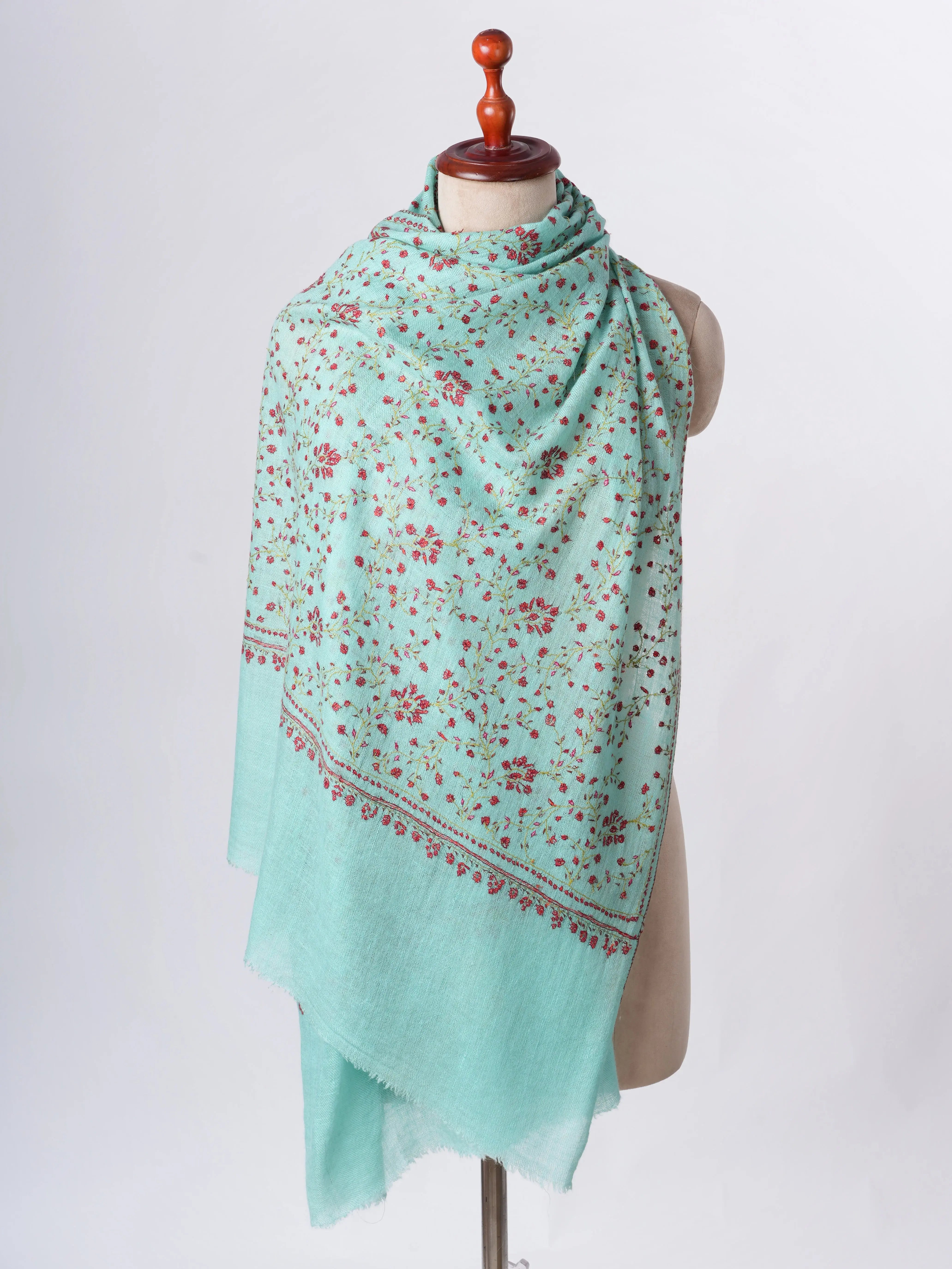 Blue Baby Soft Cashmere Scarf with Jali Hand Embroidery - Artisan Crafted Shahkaar