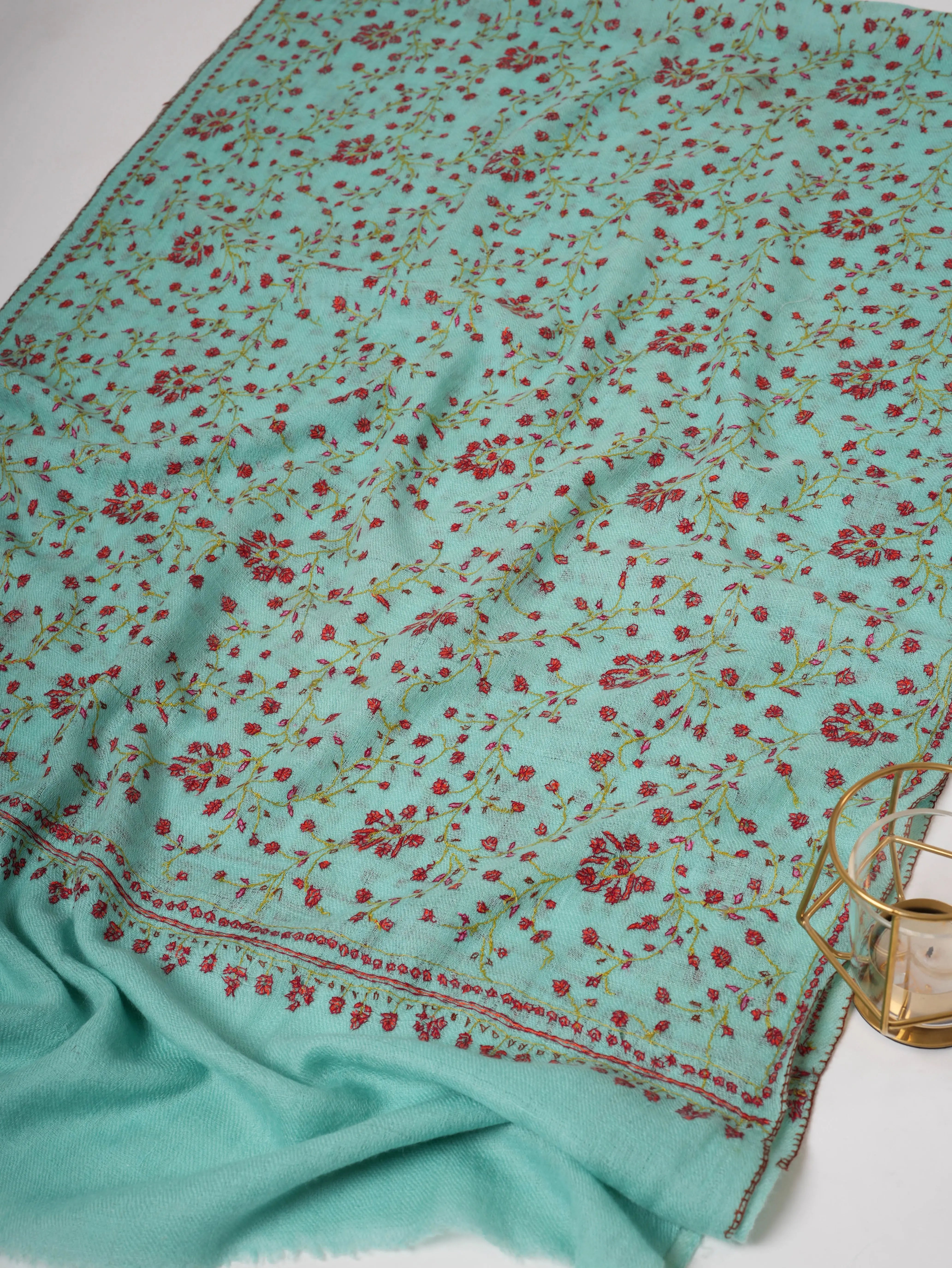 Blue Baby Soft Cashmere Scarf with Jali Hand Embroidery - Artisan Crafted Shahkaar