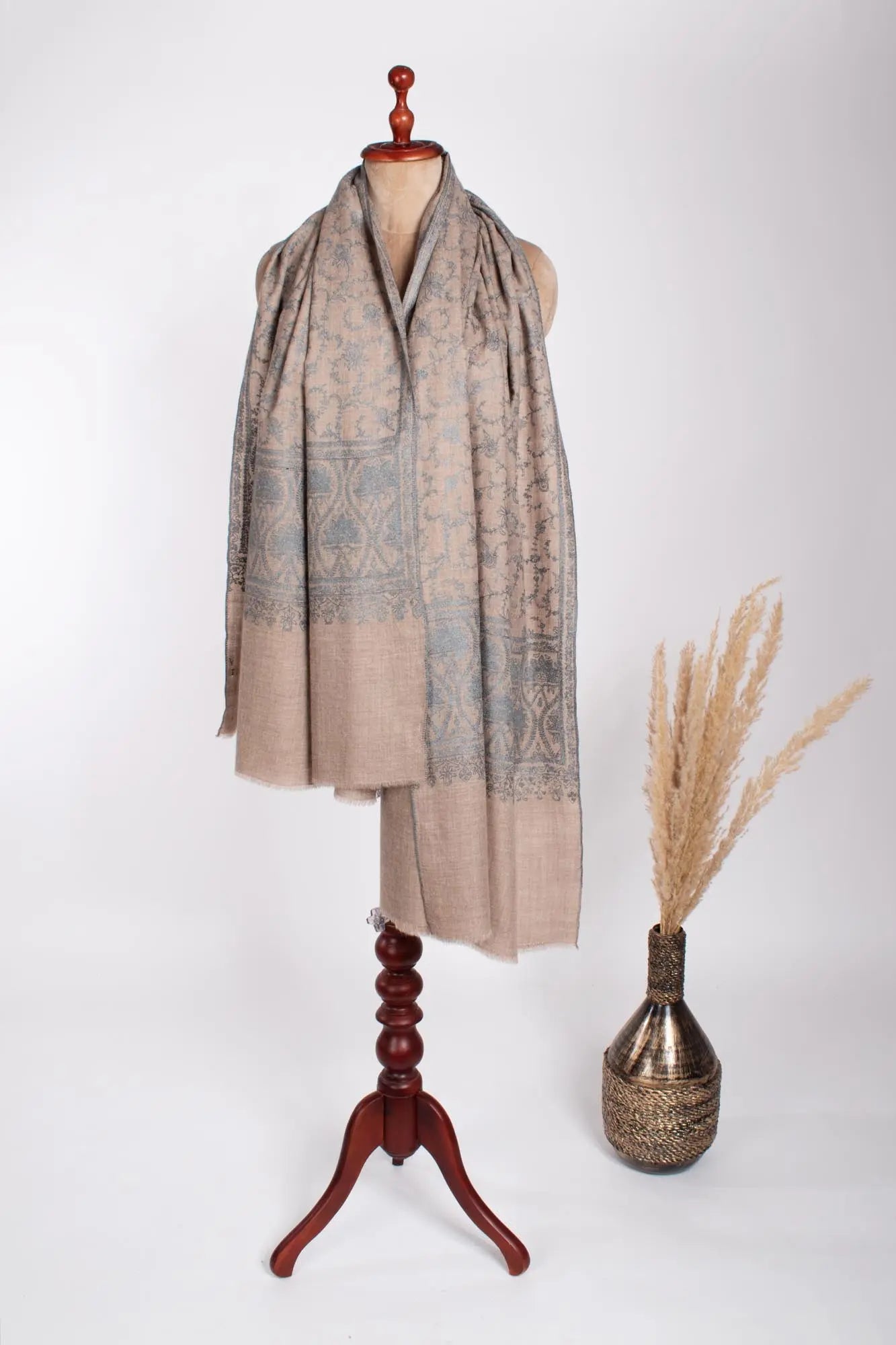 Blue Beige Embroidered Pashmina Wrap - KENDAL Shahkaar