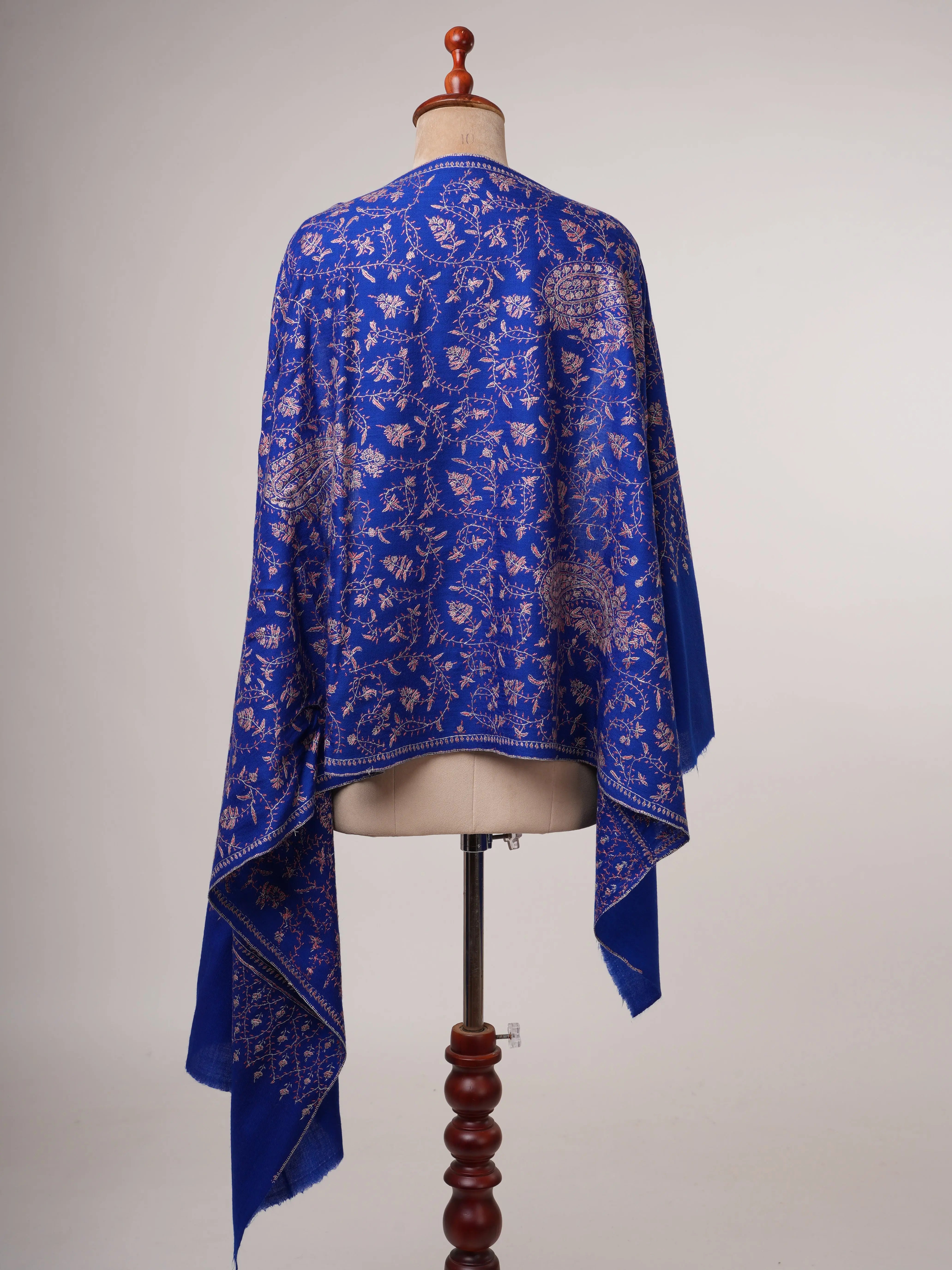 Blue Fine Wool Scarf with Hand Embroidered Jali Work Shahkaar