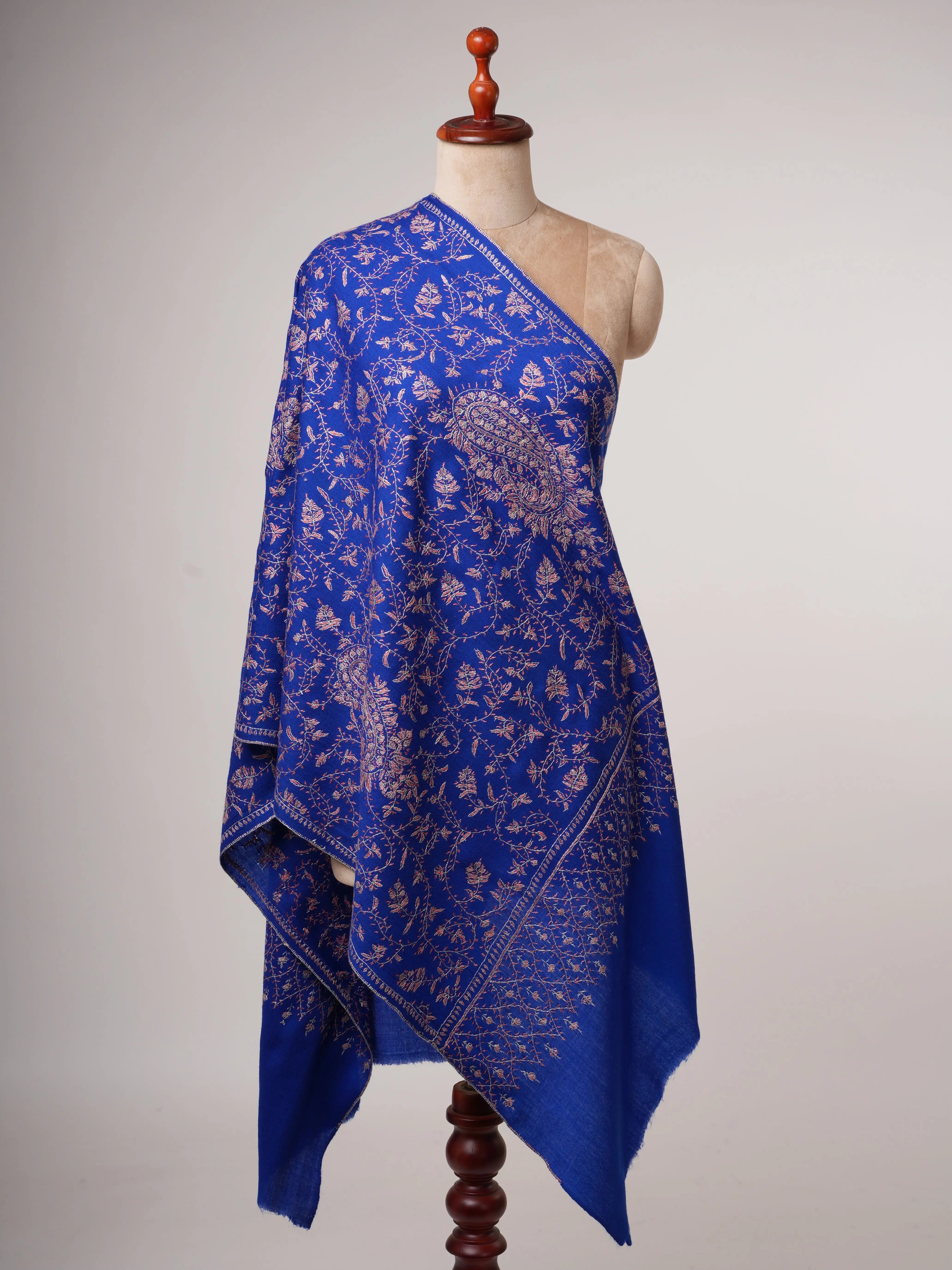 Blue Fine Wool Scarf with Hand Embroidered Jali Work Shahkaar