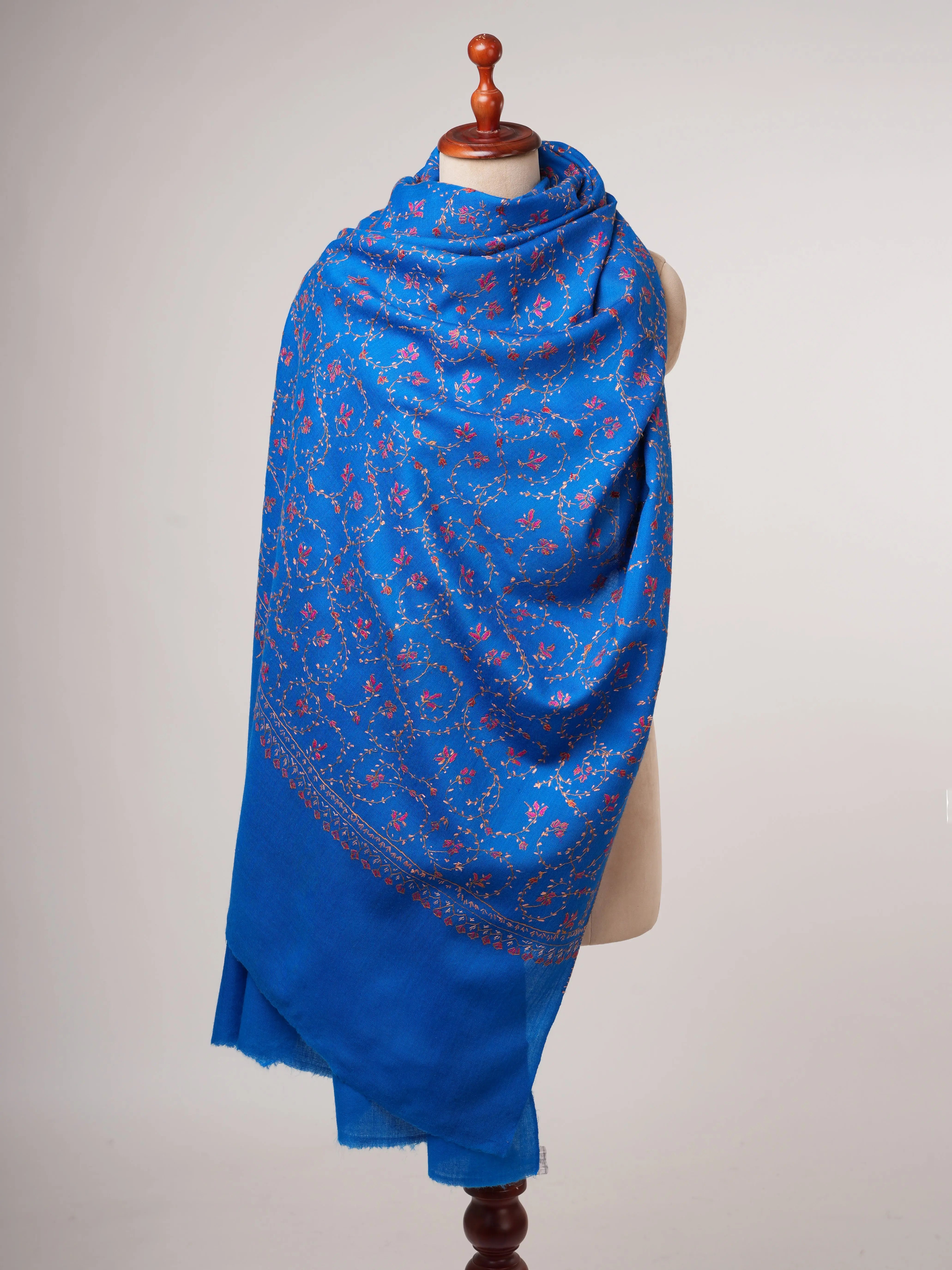 Blue Fine Wool Shawl with All-Over Jali Embroidery Shahkaar