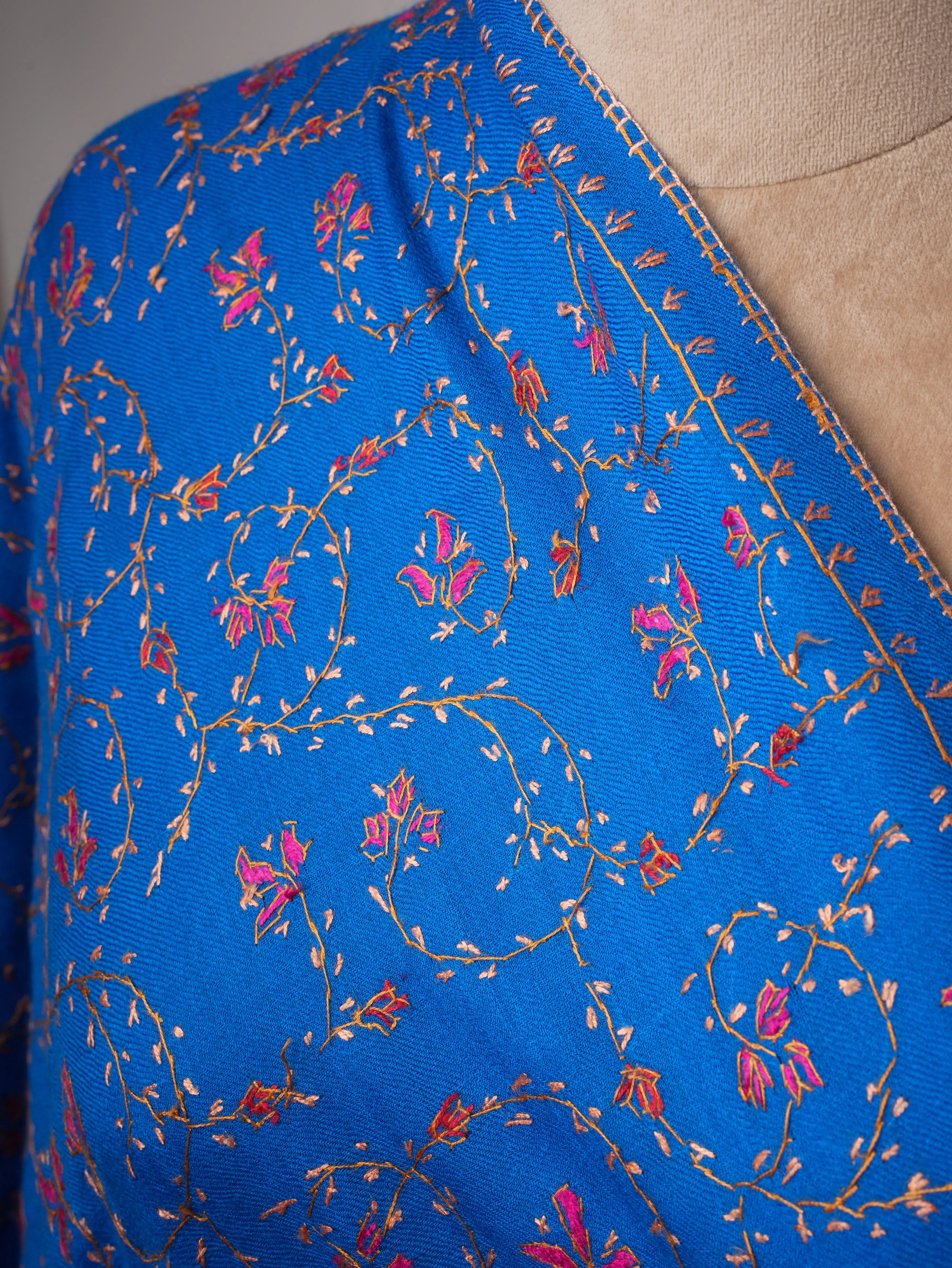 Blue Fine Wool Shawl with All-Over Jali Embroidery Shahkaar