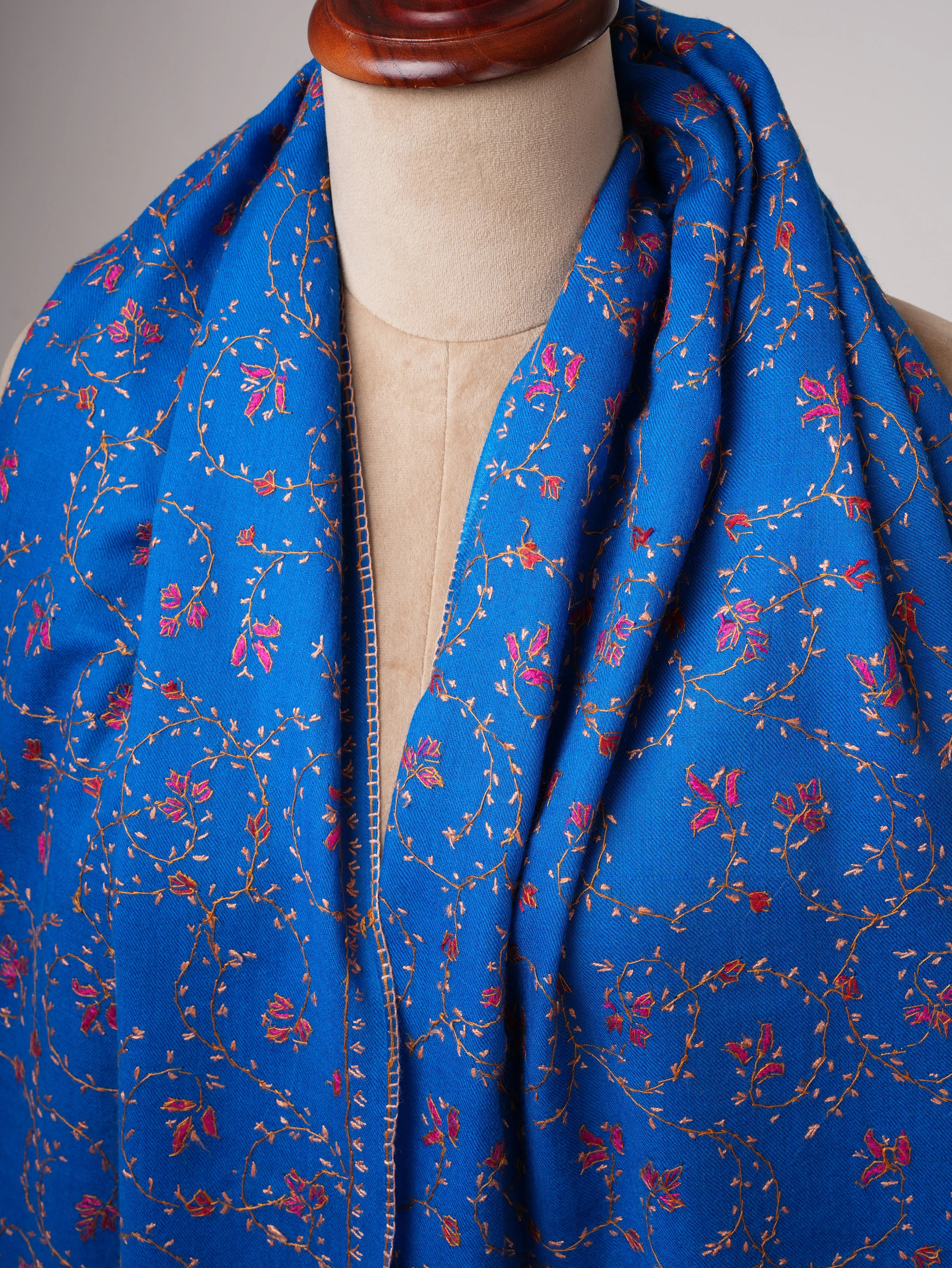 Blue Fine Wool Shawl with All-Over Jali Embroidery Shahkaar