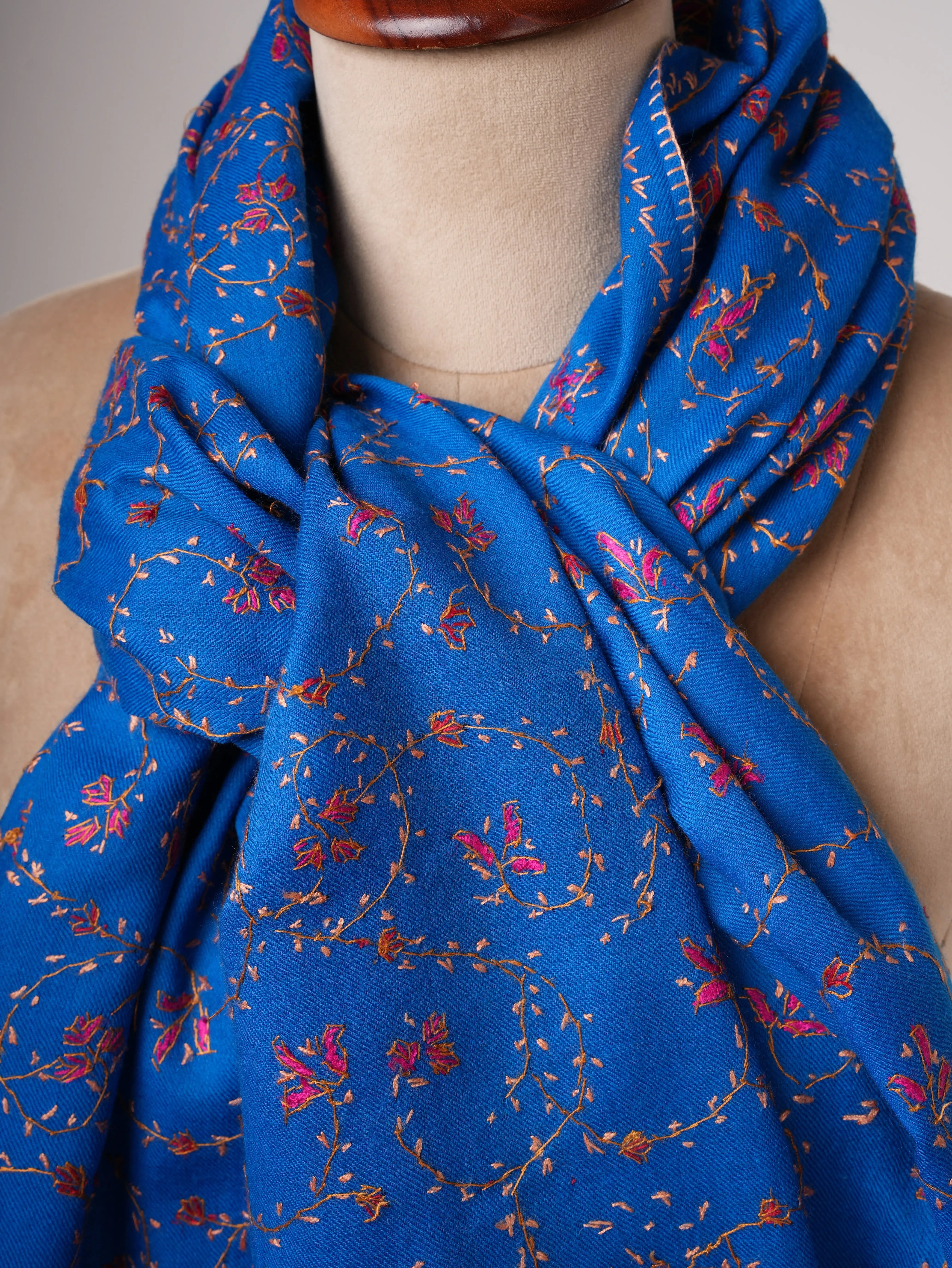 Blue Fine Wool Shawl with All-Over Jali Embroidery Shahkaar