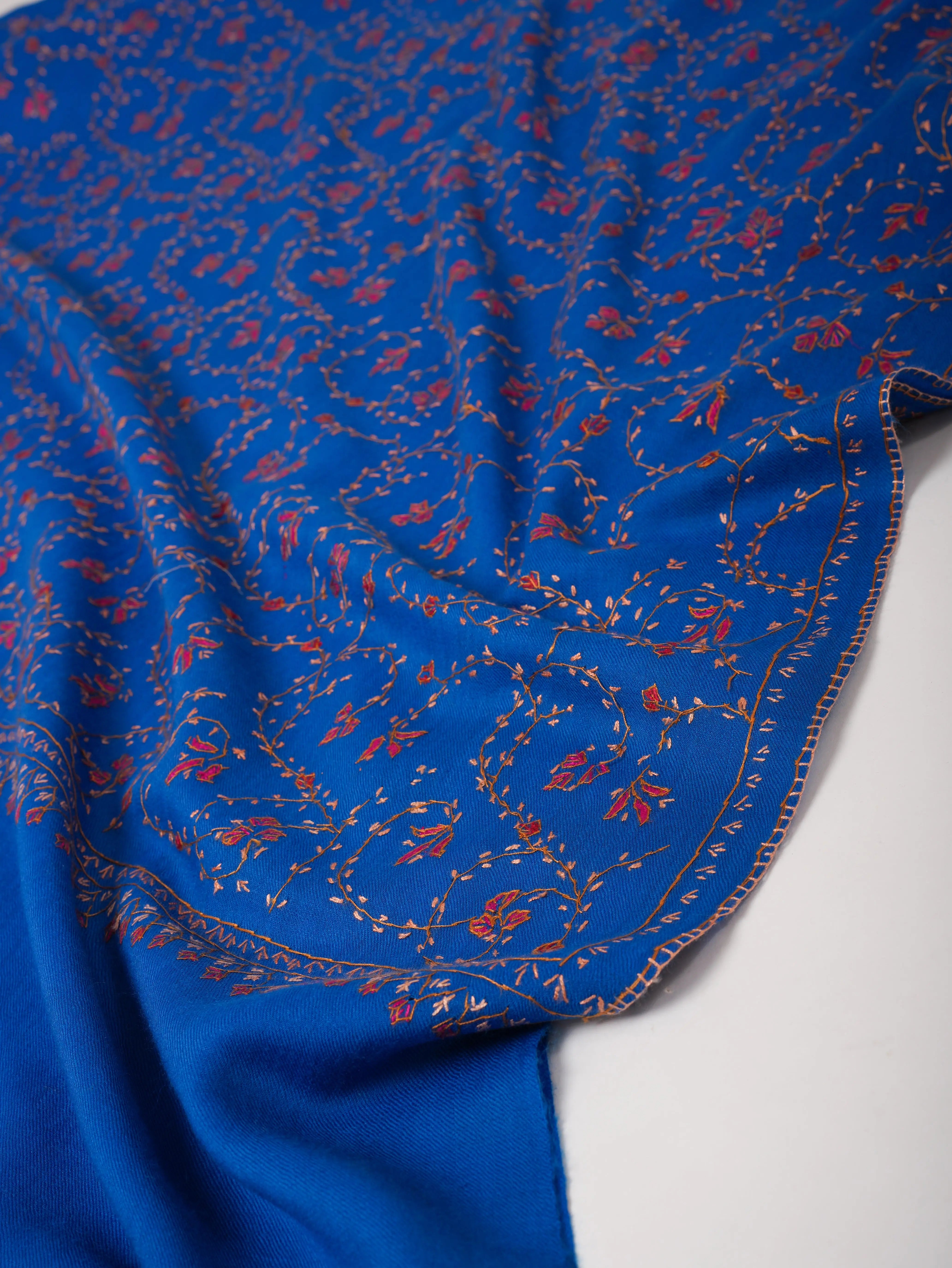 Blue Fine Wool Shawl with All-Over Jali Embroidery Shahkaar