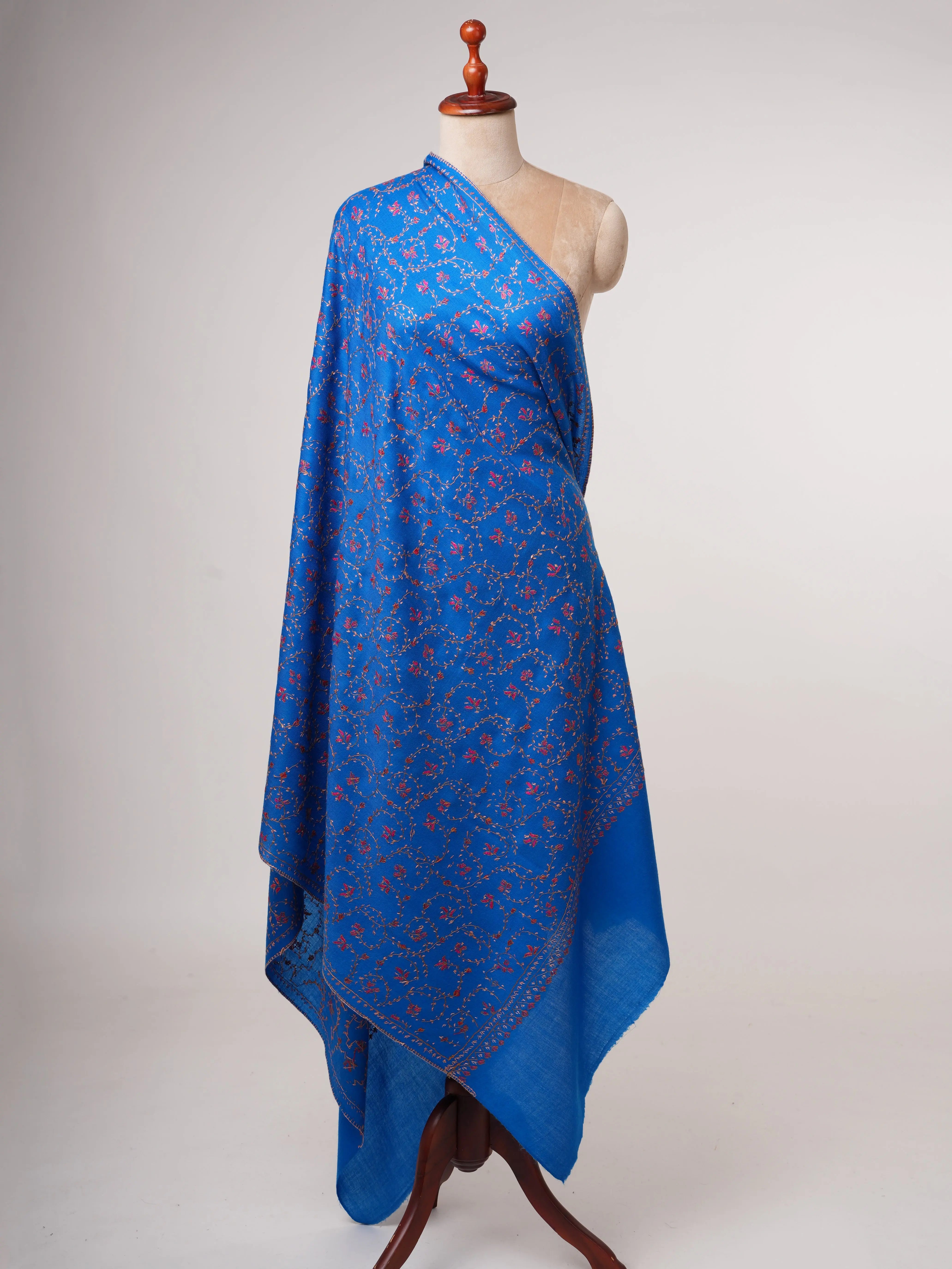 Blue Fine Wool Shawl with All-Over Jali Embroidery Shahkaar