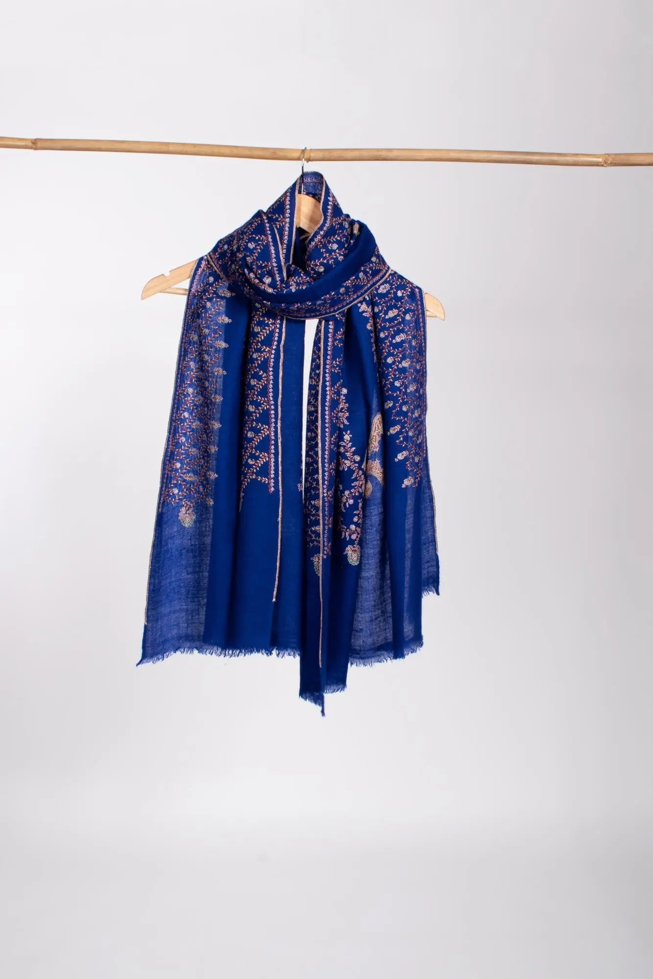 Blue Hand Embroidered Cashmere Neck Scarf - SOUTH Shahkaar
