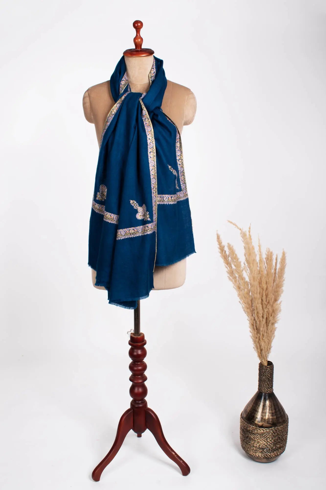 Blue Hashia Indian Embroidered Pashmina Shawl - HILO Shahkaar
