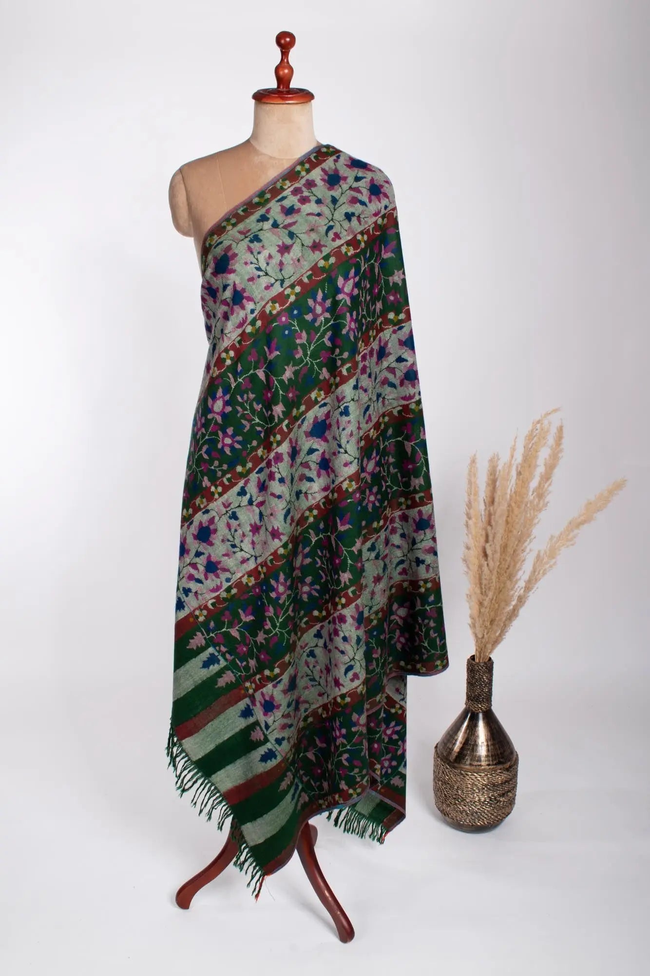 Botanical Green Handwoven Kani Pashmina Shawl - CREWE Shahkaar