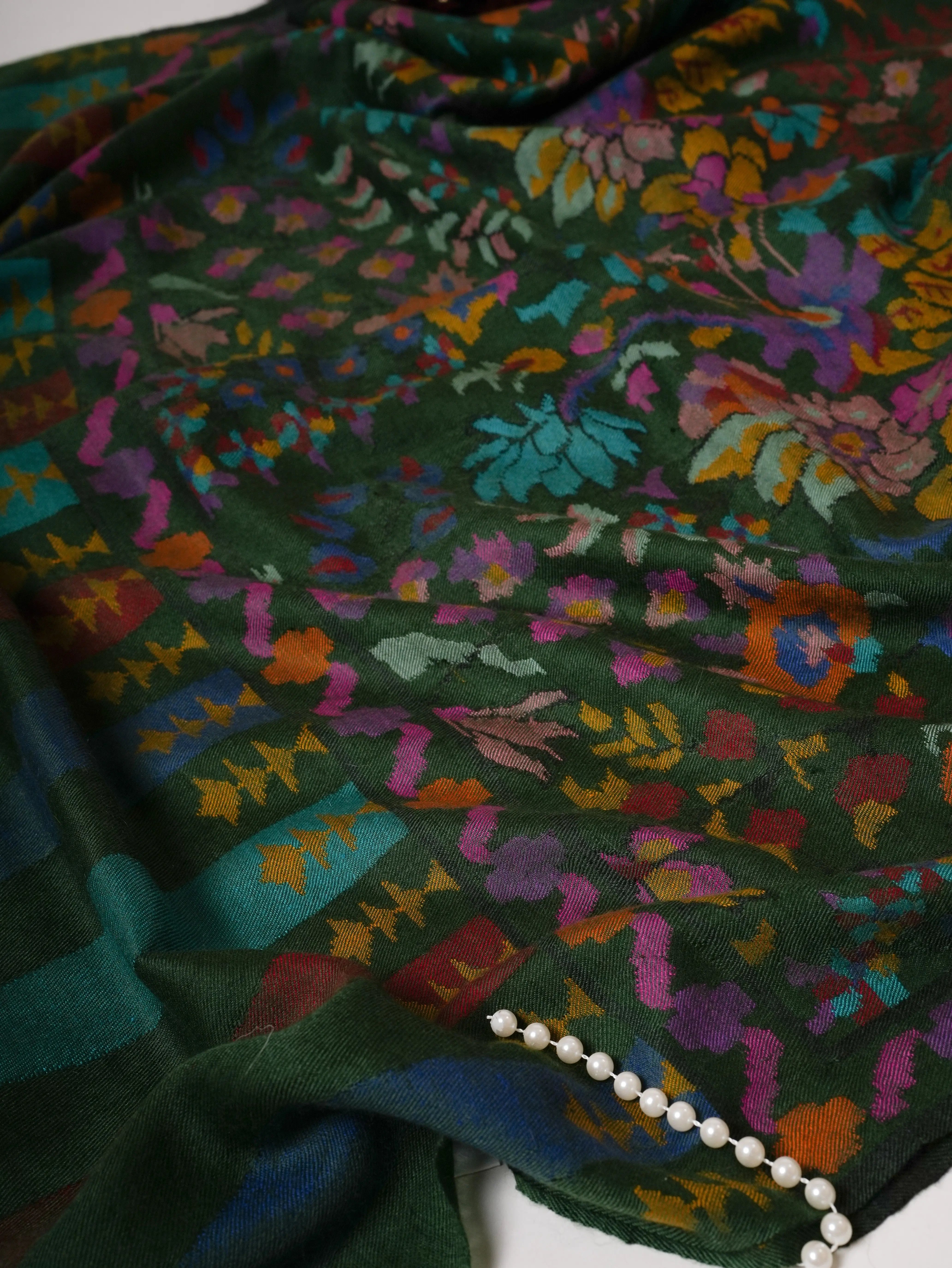 Bottle Green Handwoven Kani Indian Pashmina Shawl Shahkaar
