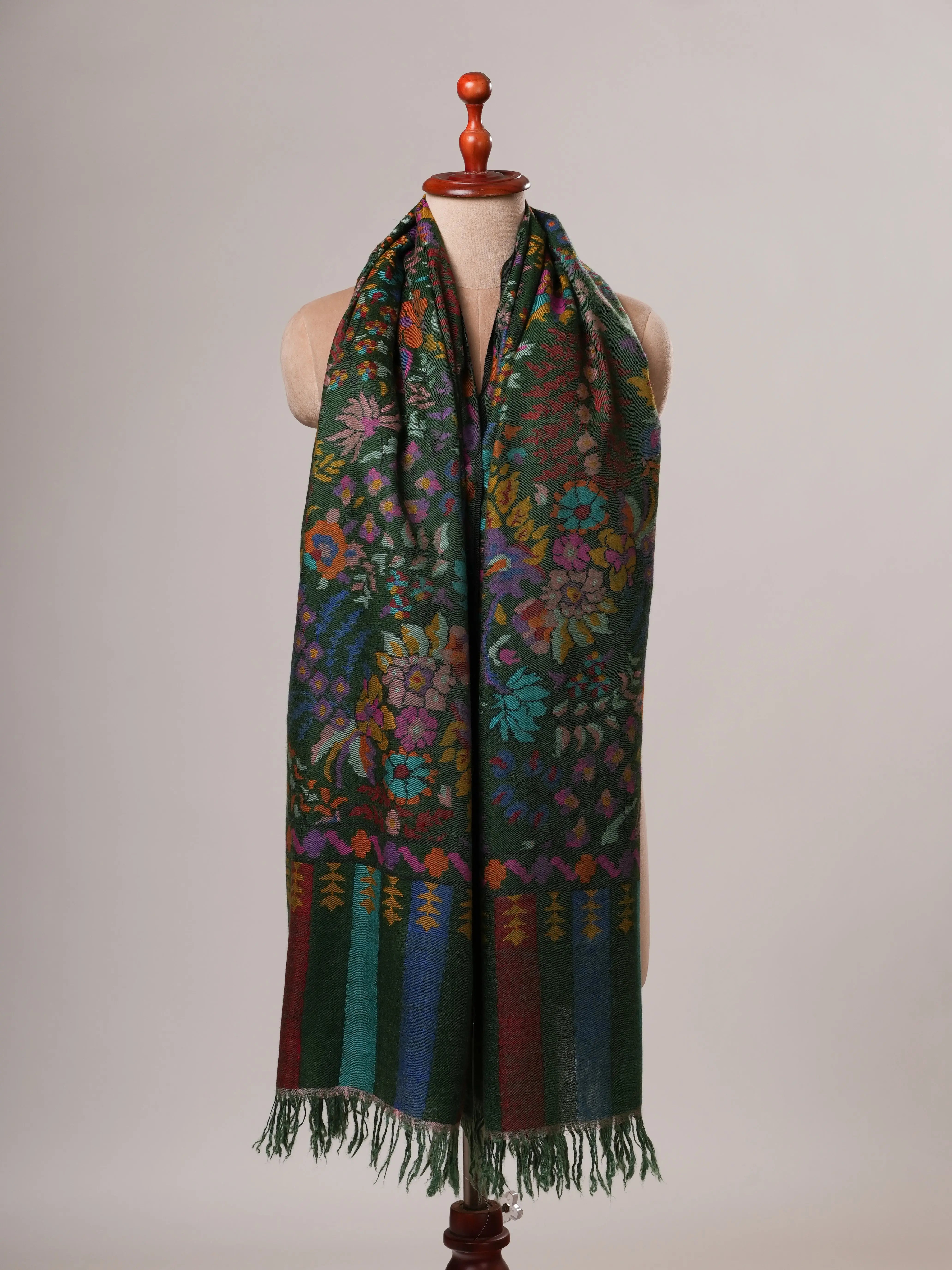 Bottle Green Handwoven Kani Indian Pashmina Shawl Shahkaar