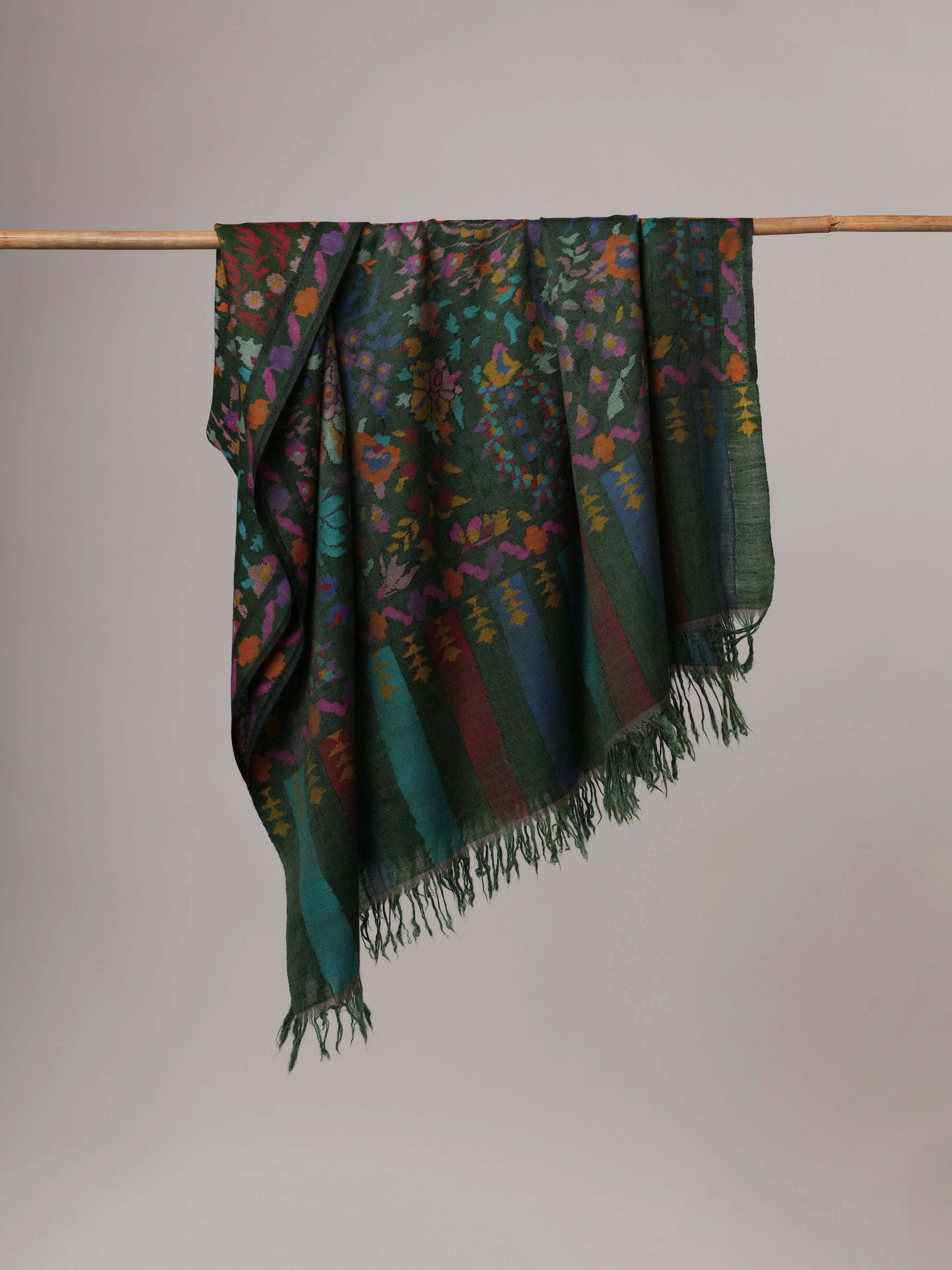 Bottle Green Handwoven Kani Indian Pashmina Shawl Shahkaar